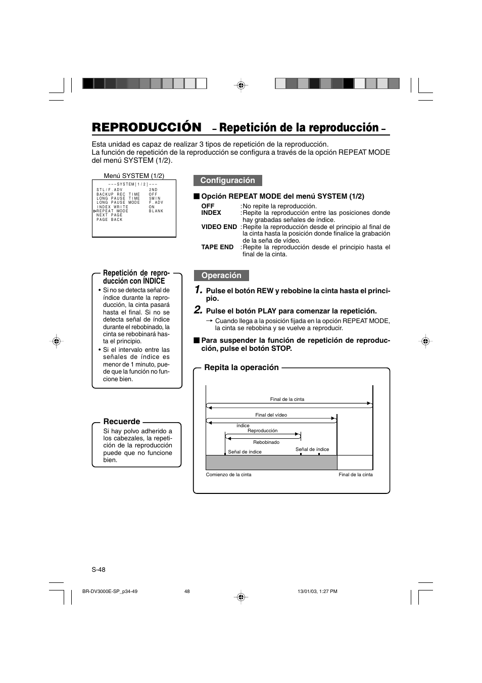 Reproducción, Repetición de la reproducción, Configuración | Operación, Recuerde | JVC BR-DV3000E User Manual | Page 258 / 350