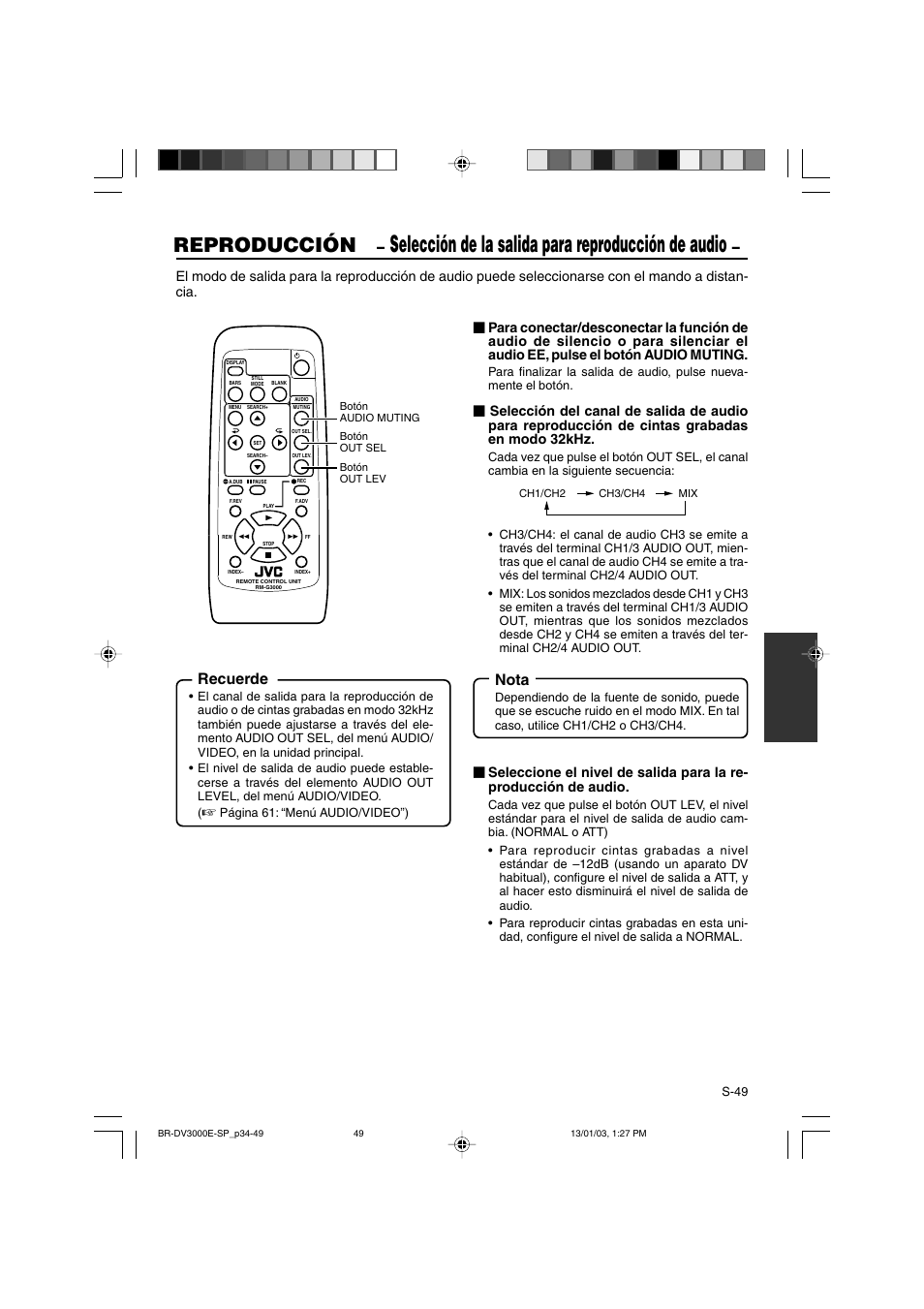 Selección de la salida para reproducción de audio, Reproducción, Recuerde | Nota | JVC BR-DV3000E User Manual | Page 259 / 350