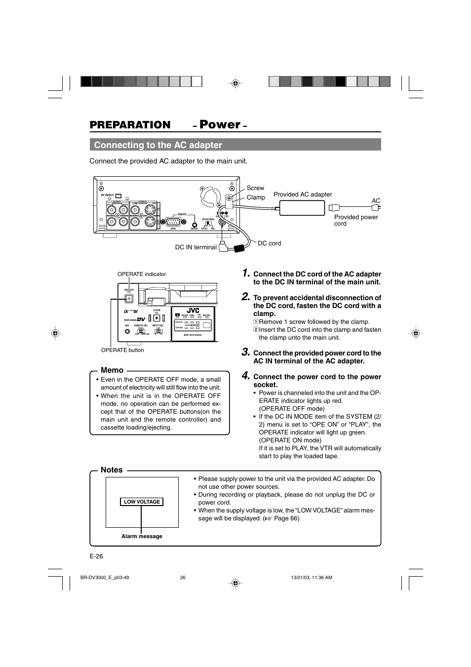 Power, Preparation, Connecting to the ac adapter | Connect the provided ac adapter to the main unit, Connect the power cord to the power socket | JVC BR-DV3000E User Manual | Page 26 / 350