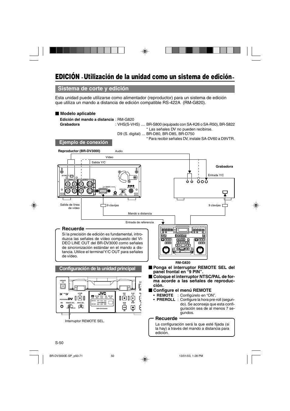 Edición, Sistema de corte y edición, Ejemplo de conexión | Recuerde, Configuración de la unidad principal | JVC BR-DV3000E User Manual | Page 260 / 350