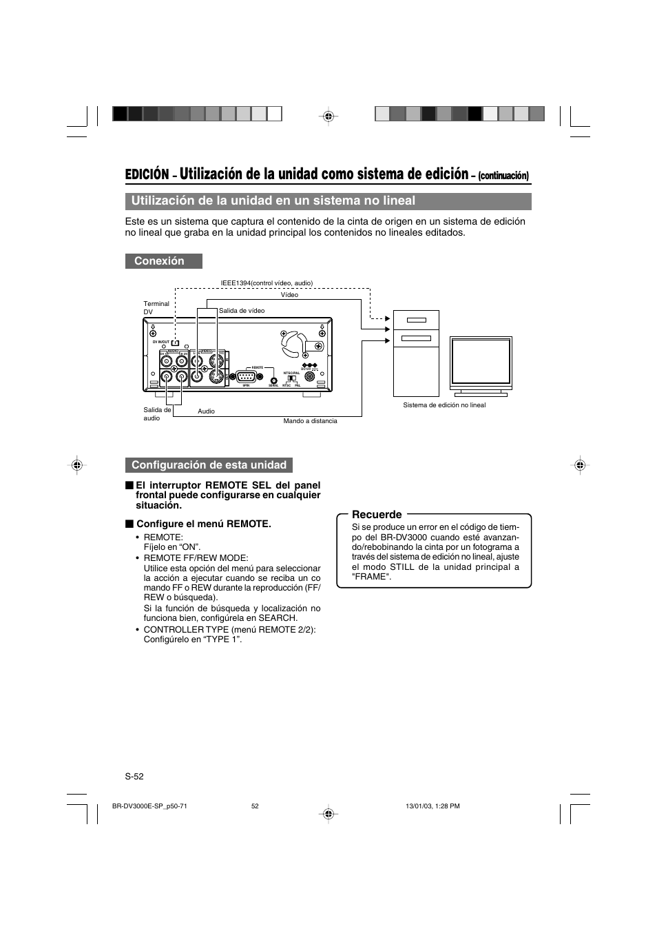 Utilización de la unidad como sistema de edición, Edición, Utilización de la unidad en un sistema no lineal | Continuación) conexión, Configuración de esta unidad, Recuerde | JVC BR-DV3000E User Manual | Page 262 / 350