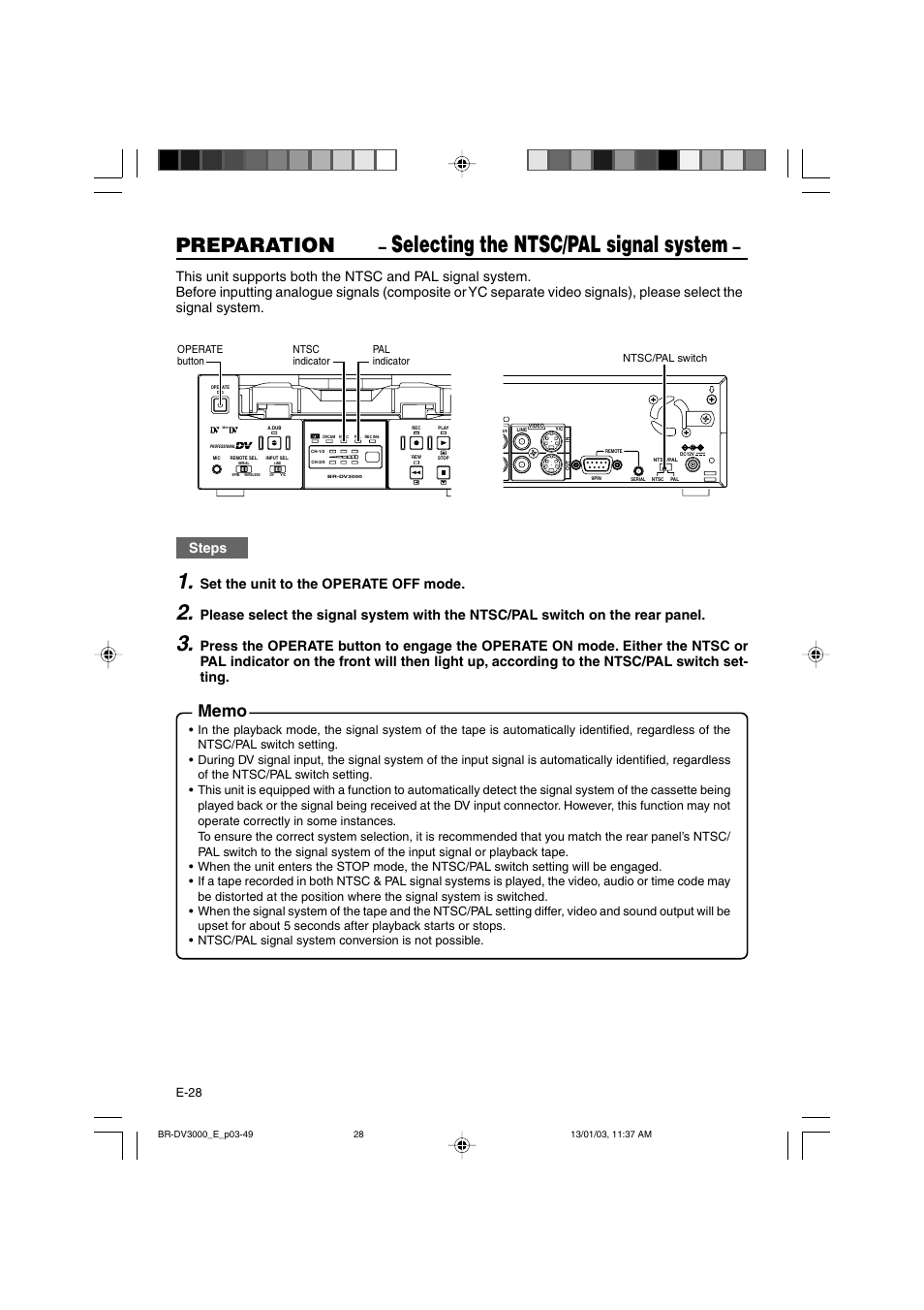 Selecting the ntsc/pal signal system, Preparation, Steps | Set the unit to the operate off mode | JVC BR-DV3000E User Manual | Page 28 / 350