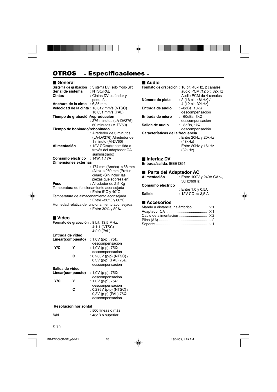 Otros, Especificaciones, General | Vídeo, Audio, Interfaz dv, Parte del adaptador ac, Accesorios | JVC BR-DV3000E User Manual | Page 280 / 350
