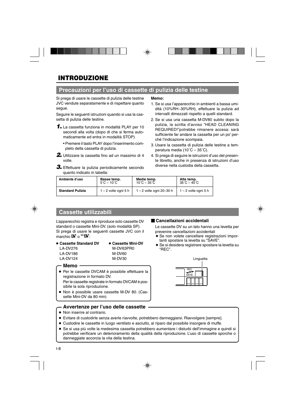 Introduzione, Cassette utilizzabili, Avvertenze per l’uso delle cassette | JVC BR-DV3000E User Manual | Page 288 / 350