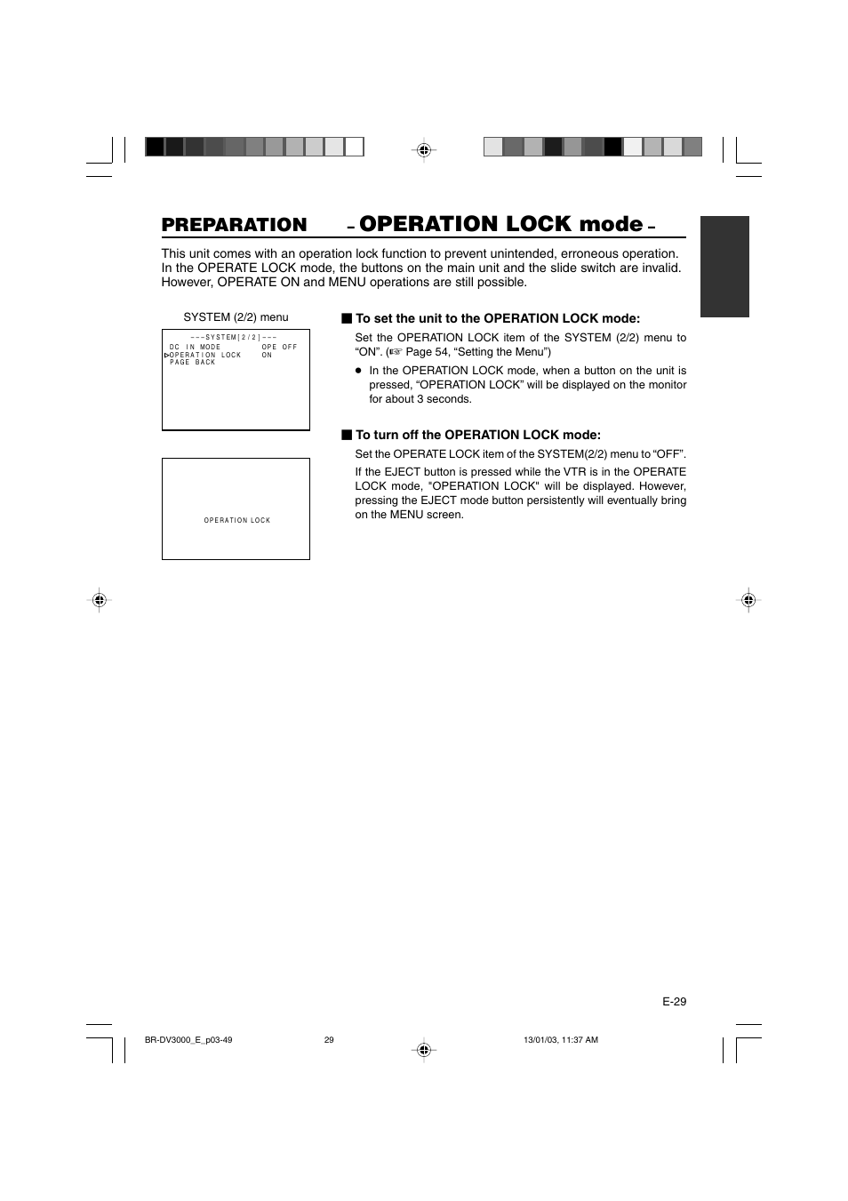 Operation lock mode, Preparation | JVC BR-DV3000E User Manual | Page 29 / 350