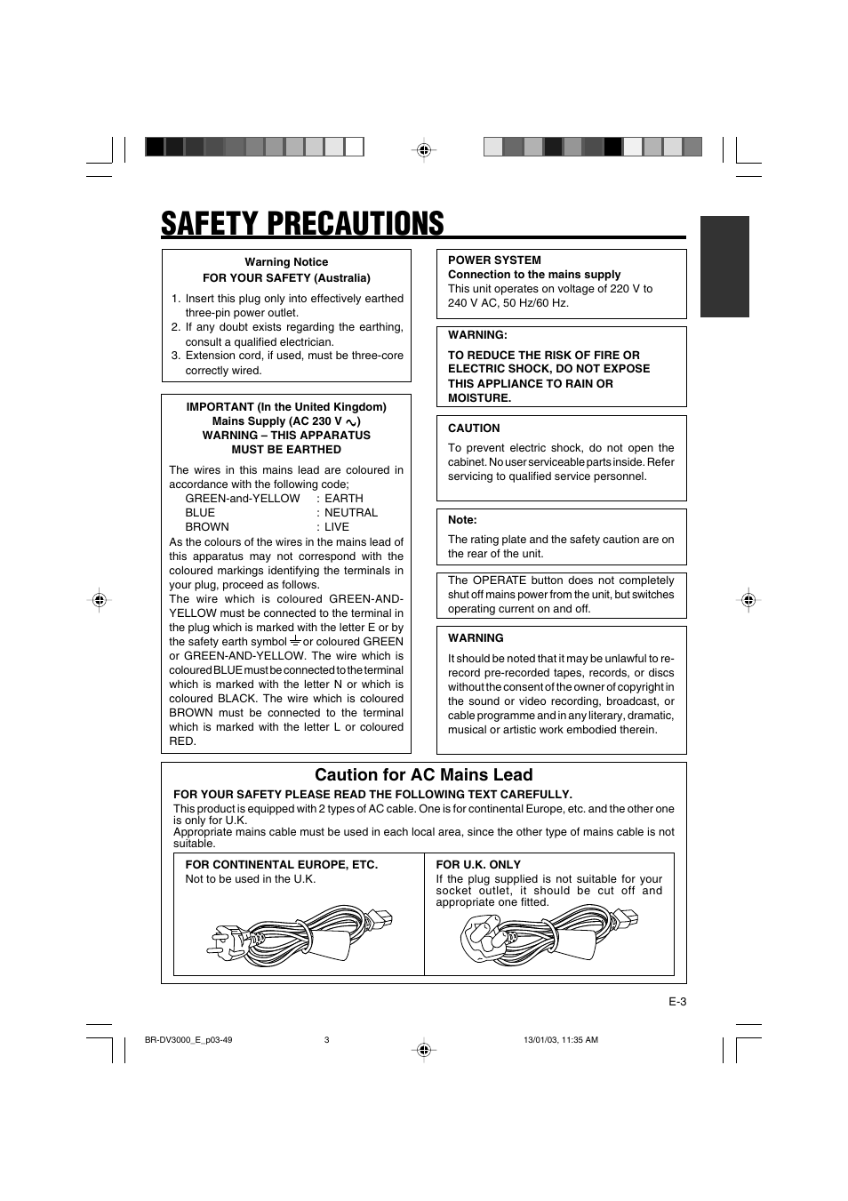 Safety precautions, Caution for ac mains lead | JVC BR-DV3000E User Manual | Page 3 / 350