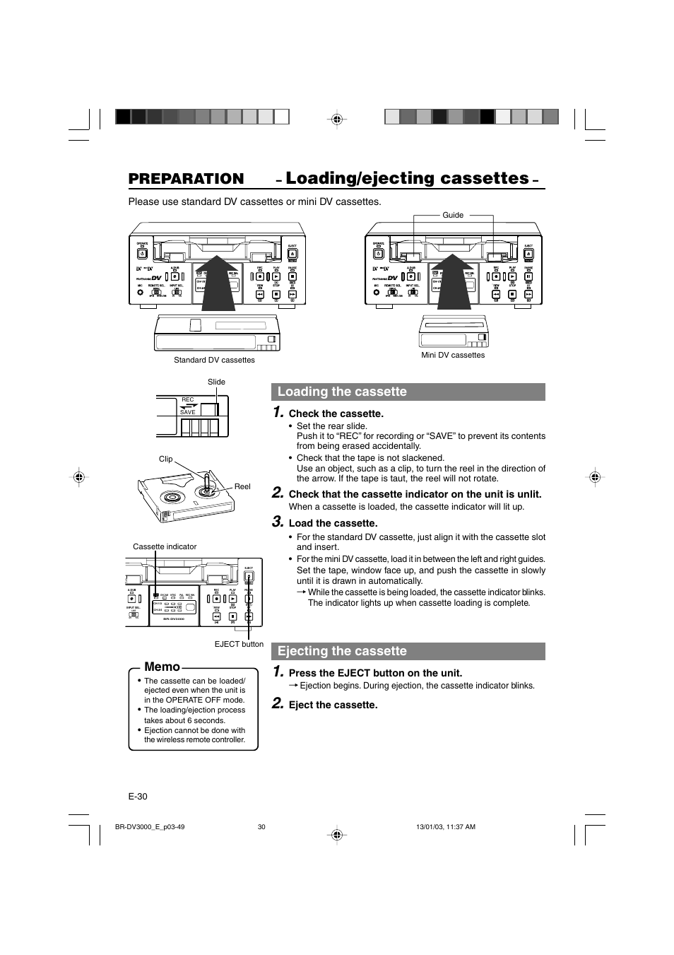 Loading/ejecting cassettes, Preparation, Loading the cassette | Ejecting the cassette | JVC BR-DV3000E User Manual | Page 30 / 350