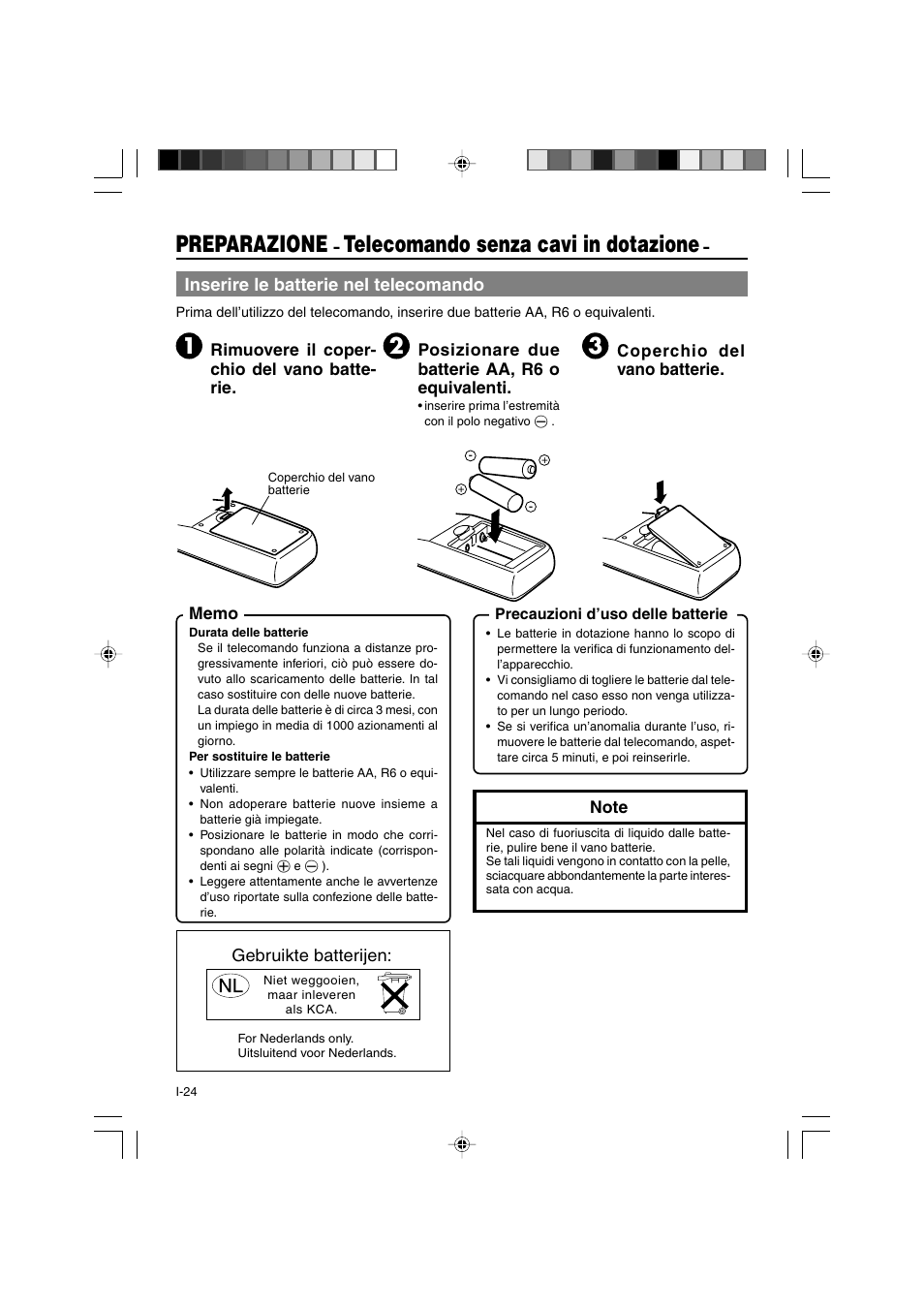 Preparazione, Telecomando senza cavi in dotazione, Inserire le batterie nel telecomando | JVC BR-DV3000E User Manual | Page 304 / 350