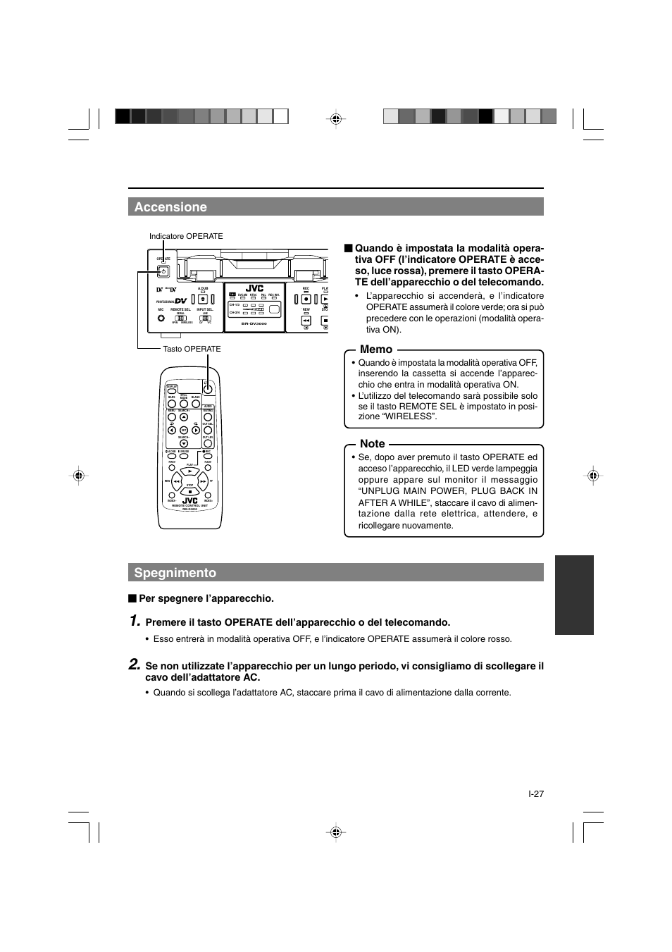 Accensione, Spegnimento, Per spegnere l’apparecchio | I-27, Indicatore operate tasto operate | JVC BR-DV3000E User Manual | Page 307 / 350