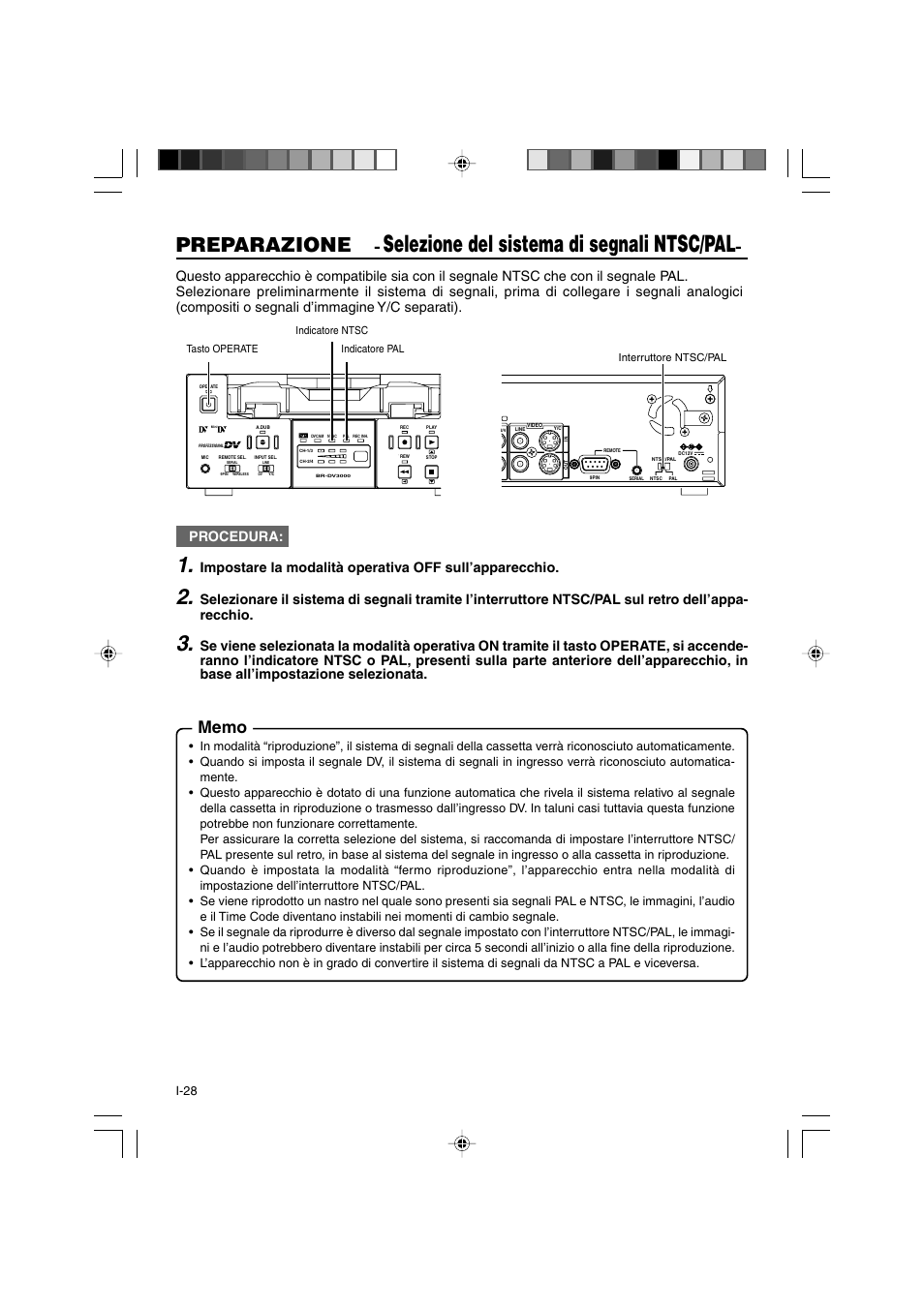 Selezione del sistema di segnali ntsc/pal, Preparazione, Procedura | JVC BR-DV3000E User Manual | Page 308 / 350