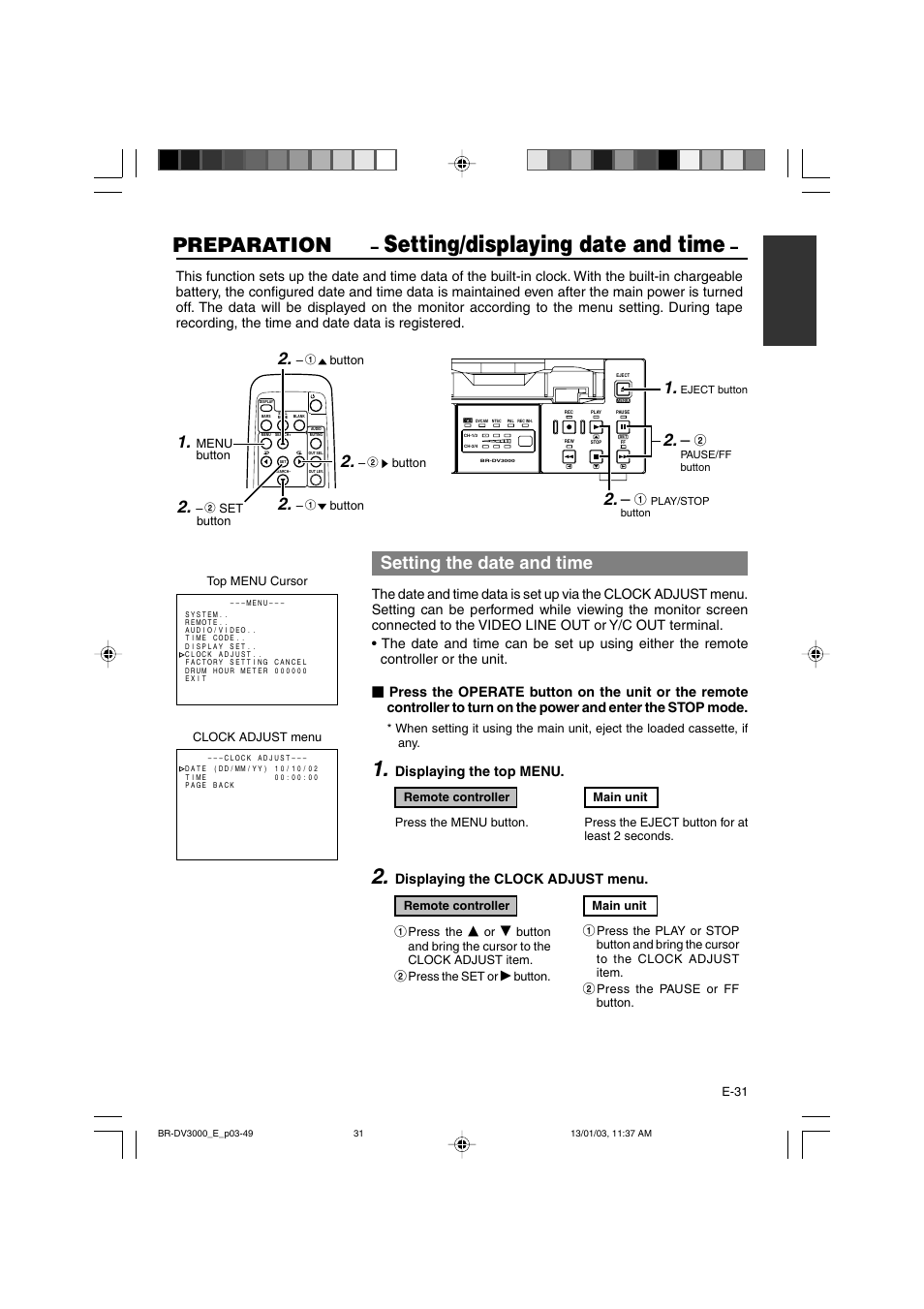 Setting/displaying date and time, Preparation, Setting the date and time | JVC BR-DV3000E User Manual | Page 31 / 350