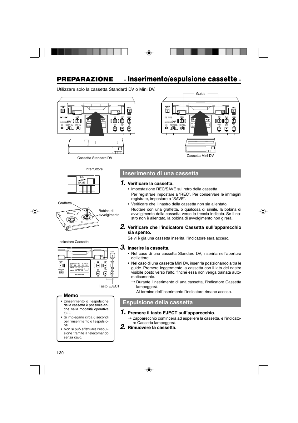 Inserimento/espulsione cassette, Preparazione, Inserimento di una cassetta | Espulsione della cassetta | JVC BR-DV3000E User Manual | Page 310 / 350