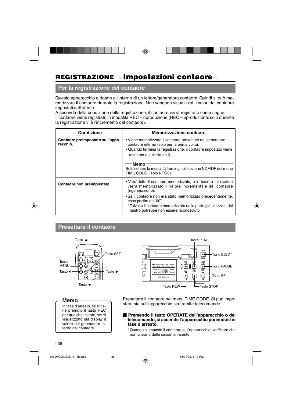 Impostazioni contaore, Registrazione, Per la registrazione del contaore | Presettare il contaore | JVC BR-DV3000E User Manual | Page 316 / 350