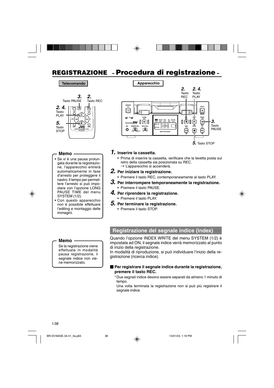Procedura di registrazione, Registrazione, Registrazione del segnale indice (index) | Inserire la cassetta, Per iniziare la registrazione, Per interrompere temporaneamente la registrazione, Per riprendere la registrazione, Per terminare la registrazione | JVC BR-DV3000E User Manual | Page 318 / 350
