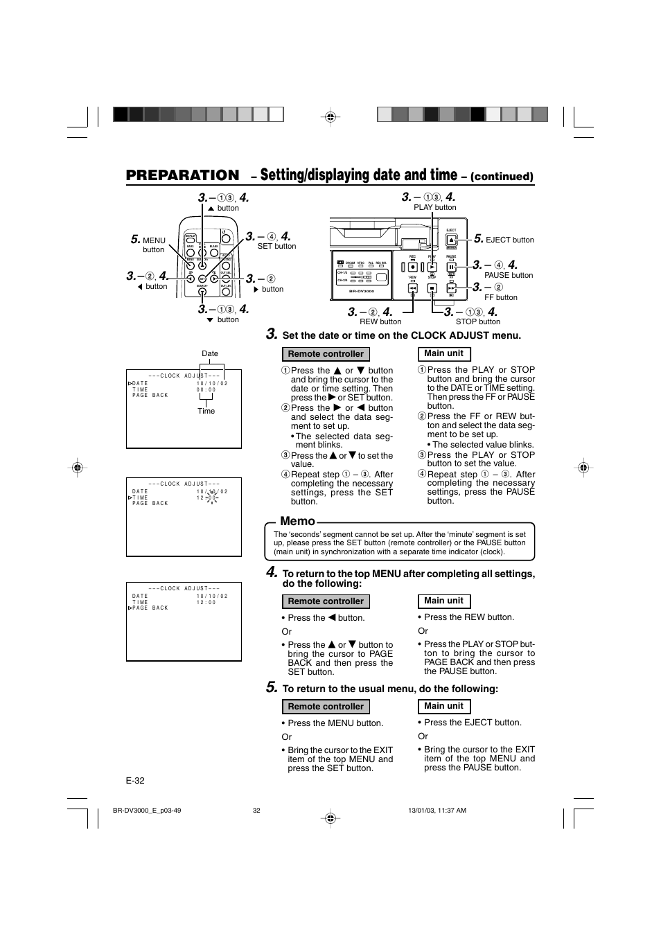 Setting/displaying date and time, Preparation, Continued) | JVC BR-DV3000E User Manual | Page 32 / 350