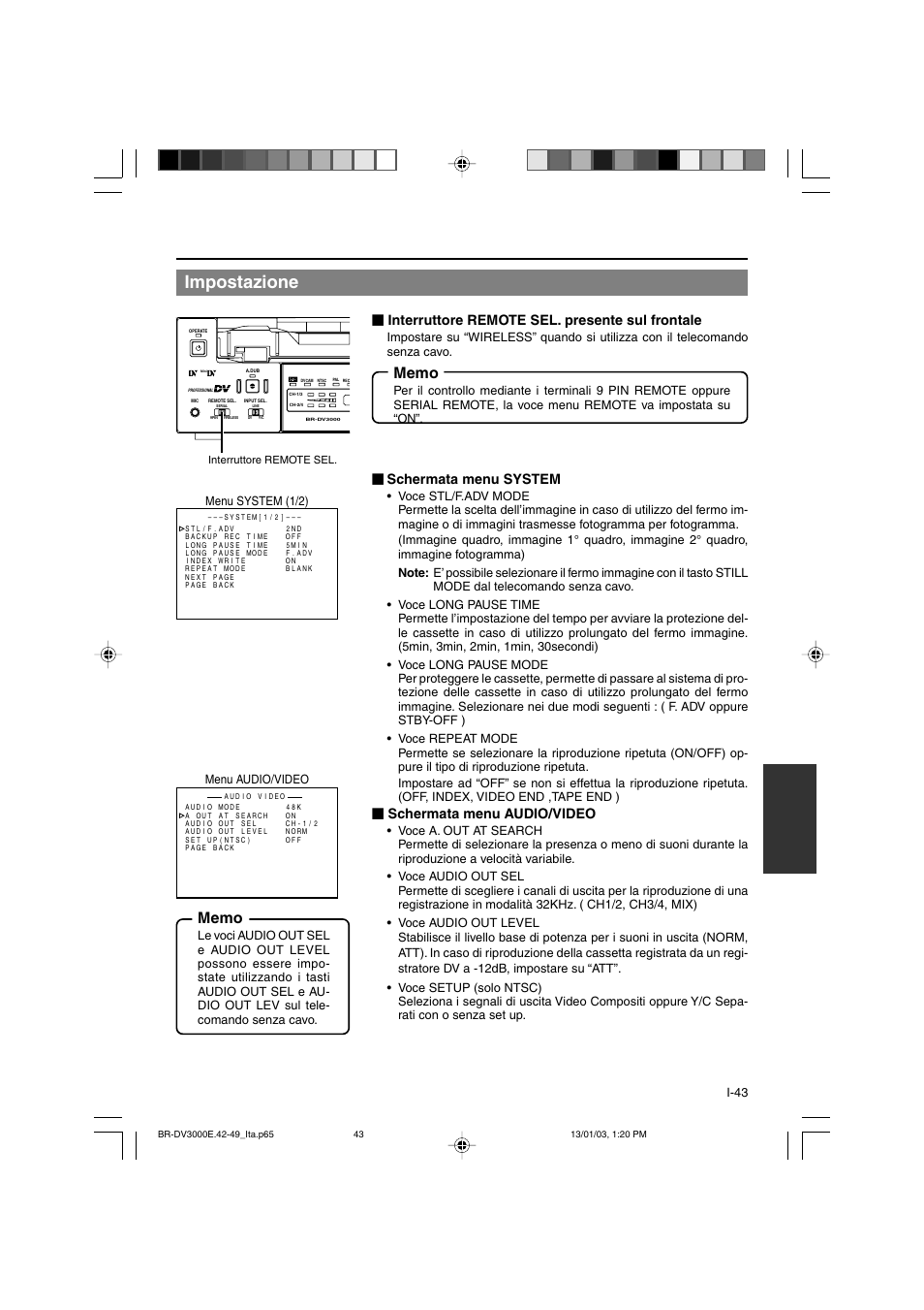 Impostazione, Interruttore remote sel. presente sul frontale, Schermata menu system | Schermata menu audio/video | JVC BR-DV3000E User Manual | Page 323 / 350