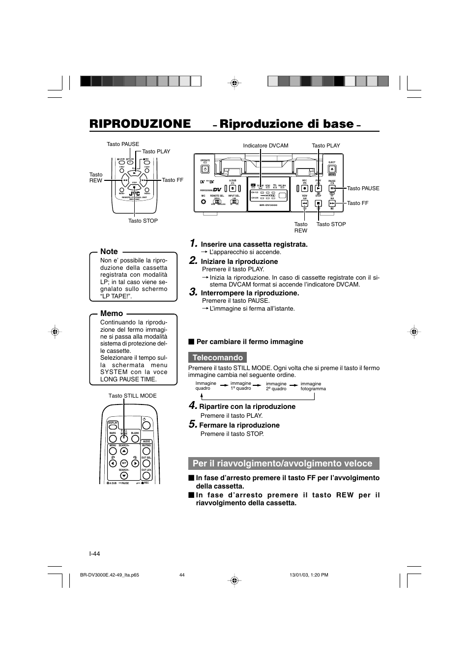 Riproduzione, Riproduzione di base, Per il riavvolgimento/avvolgimento veloce | Telecomando, Inserire una cassetta registrata, Iniziare la riproduzione, Interrompere la riproduzione, Ripartire con la riproduzione, Fermare la riproduzione, Per cambiare il fermo immagine | JVC BR-DV3000E User Manual | Page 324 / 350