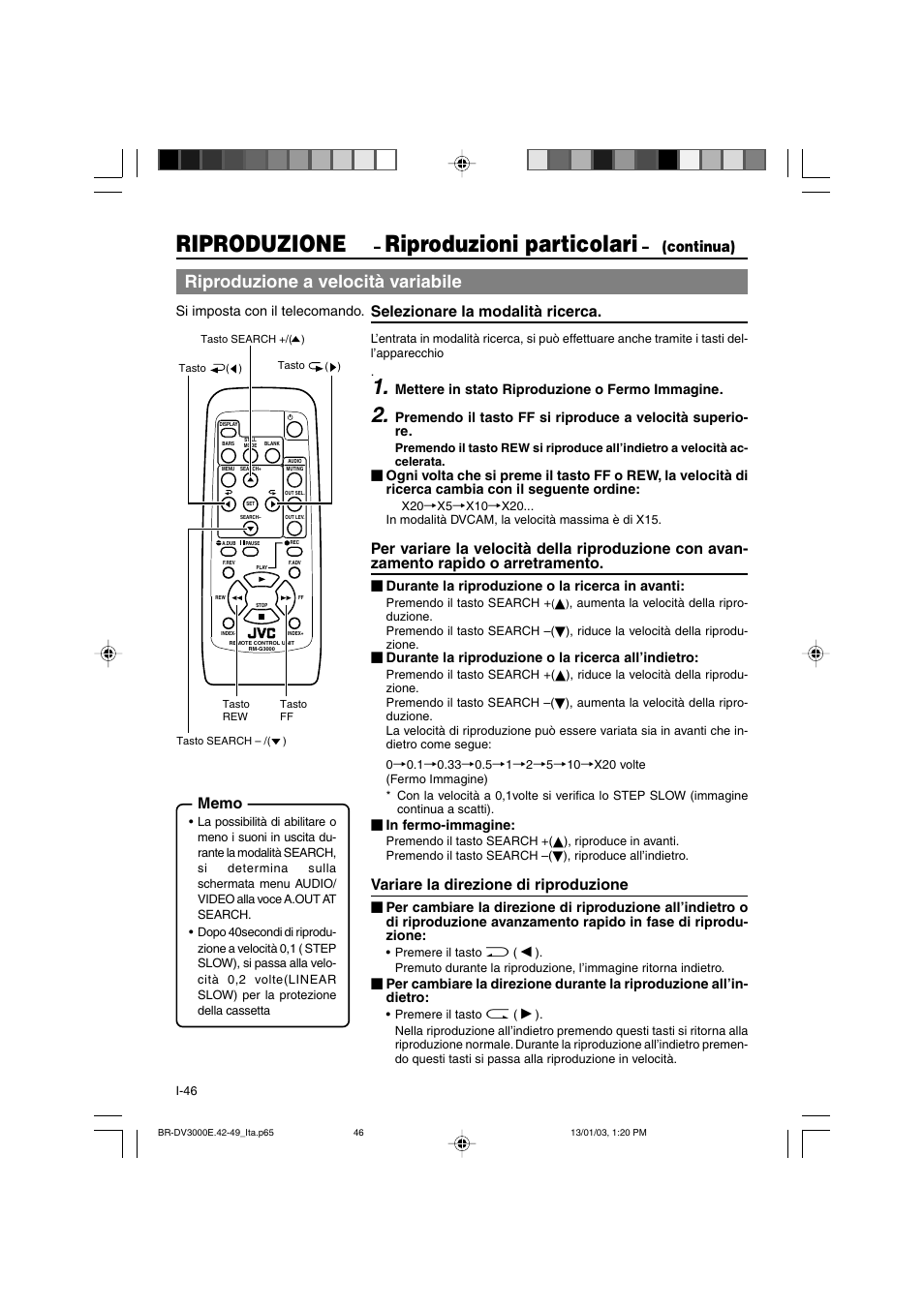 Riproduzione, Riproduzioni particolari, Riproduzione a velocità variabile | Continua), Selezionare la modalità ricerca, Variare la direzione di riproduzione | JVC BR-DV3000E User Manual | Page 326 / 350