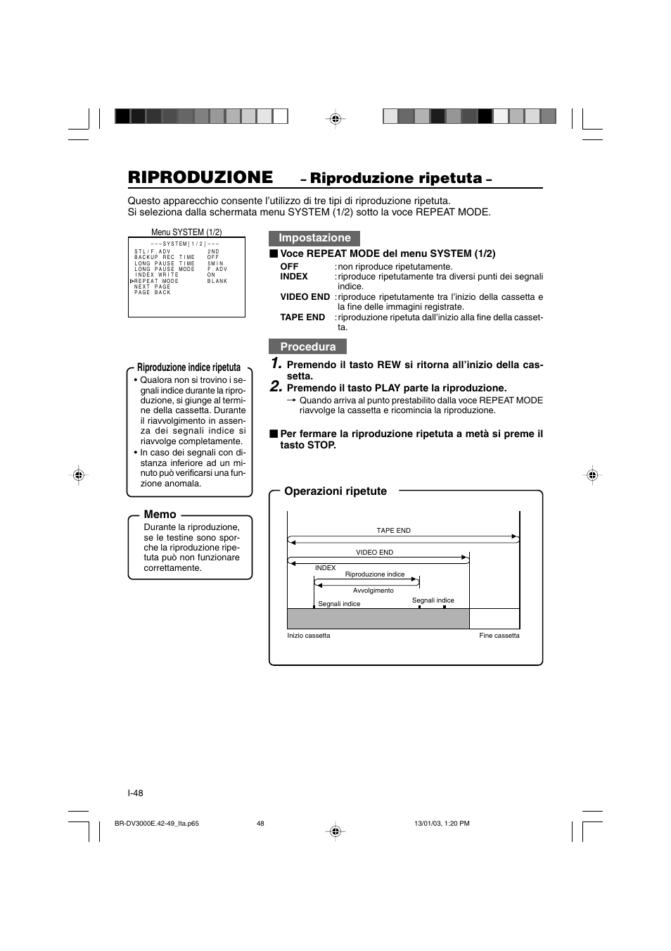 Riproduzione, Riproduzione ripetuta, Impostazione | Procedura, Operazioni ripetute riproduzione indice ripetuta | JVC BR-DV3000E User Manual | Page 328 / 350