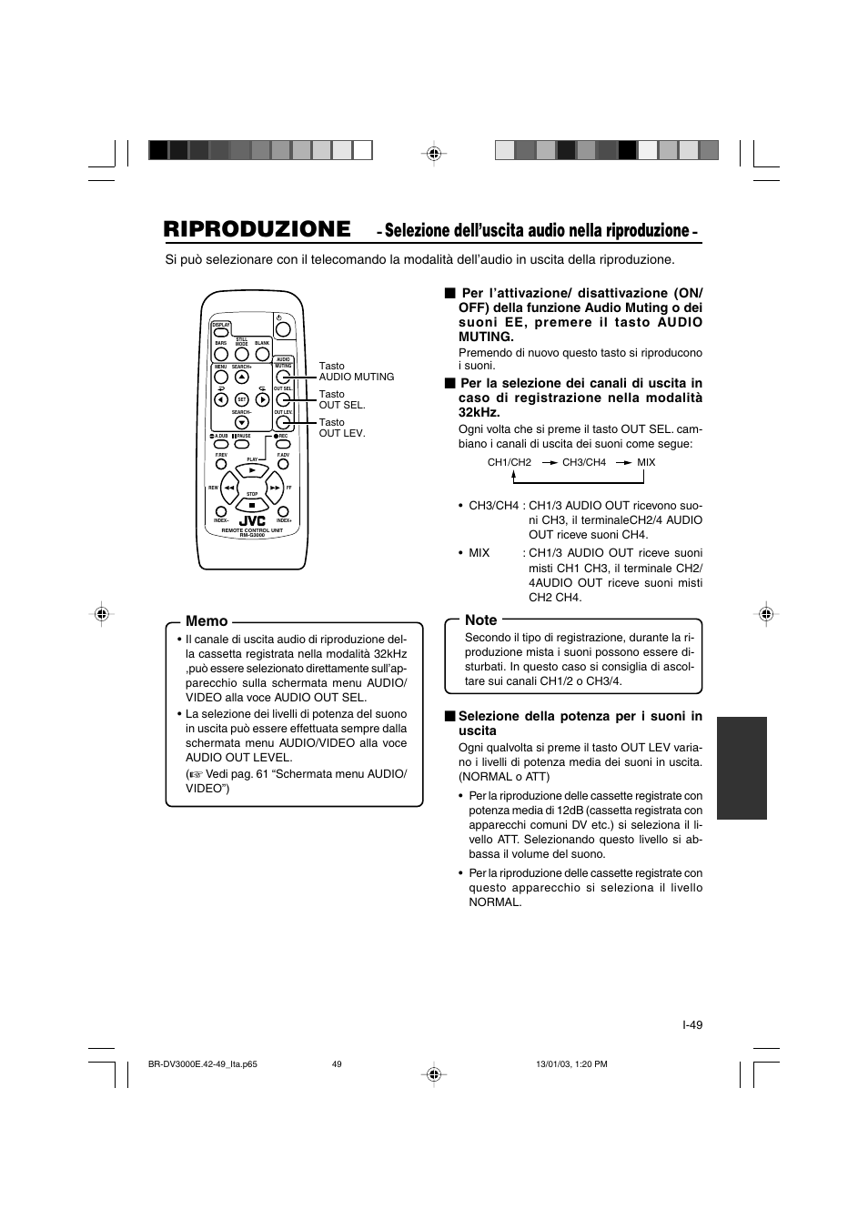 Riproduzione, Selezione dell’uscita audio nella riproduzione, Selezione della potenza per i suoni in uscita | JVC BR-DV3000E User Manual | Page 329 / 350