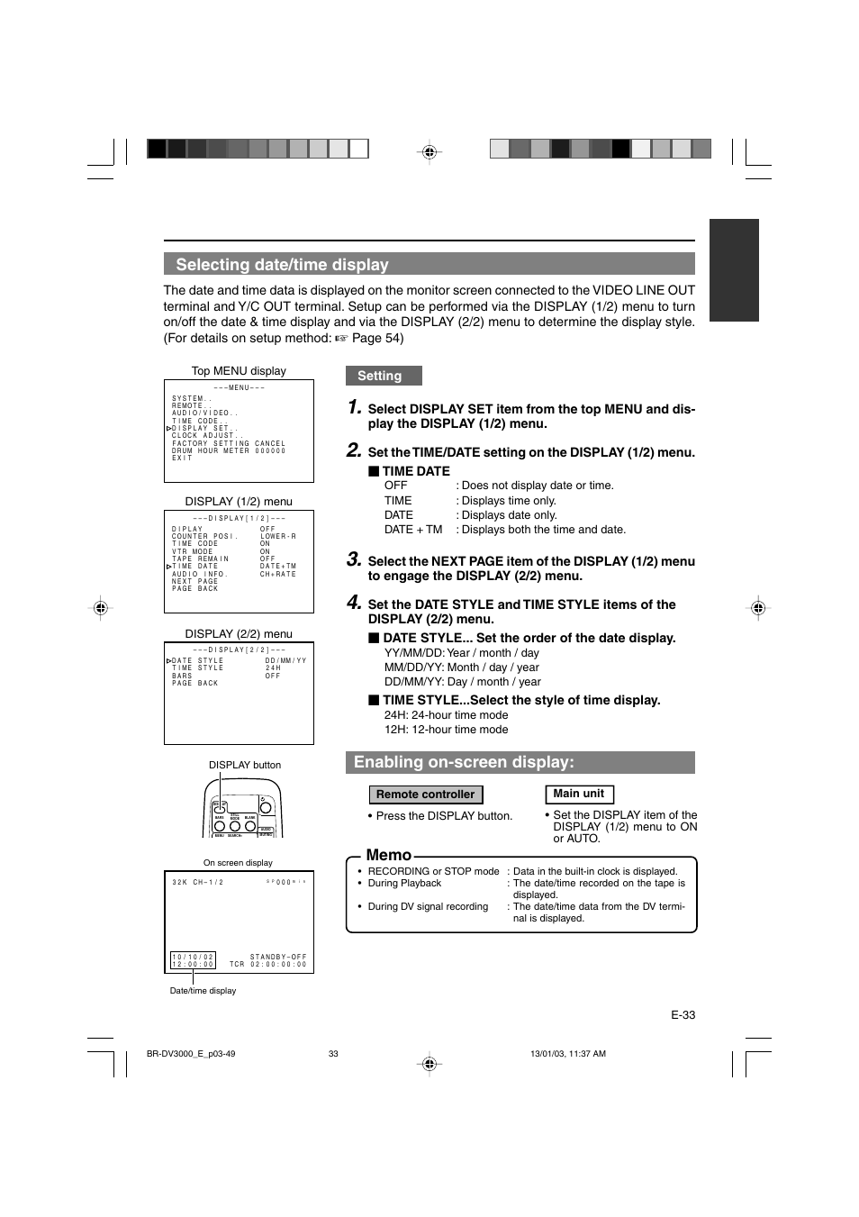 Selecting date/time display, Enabling on-screen display, Page 54) | Setting, Time style...select the style of time display | JVC BR-DV3000E User Manual | Page 33 / 350