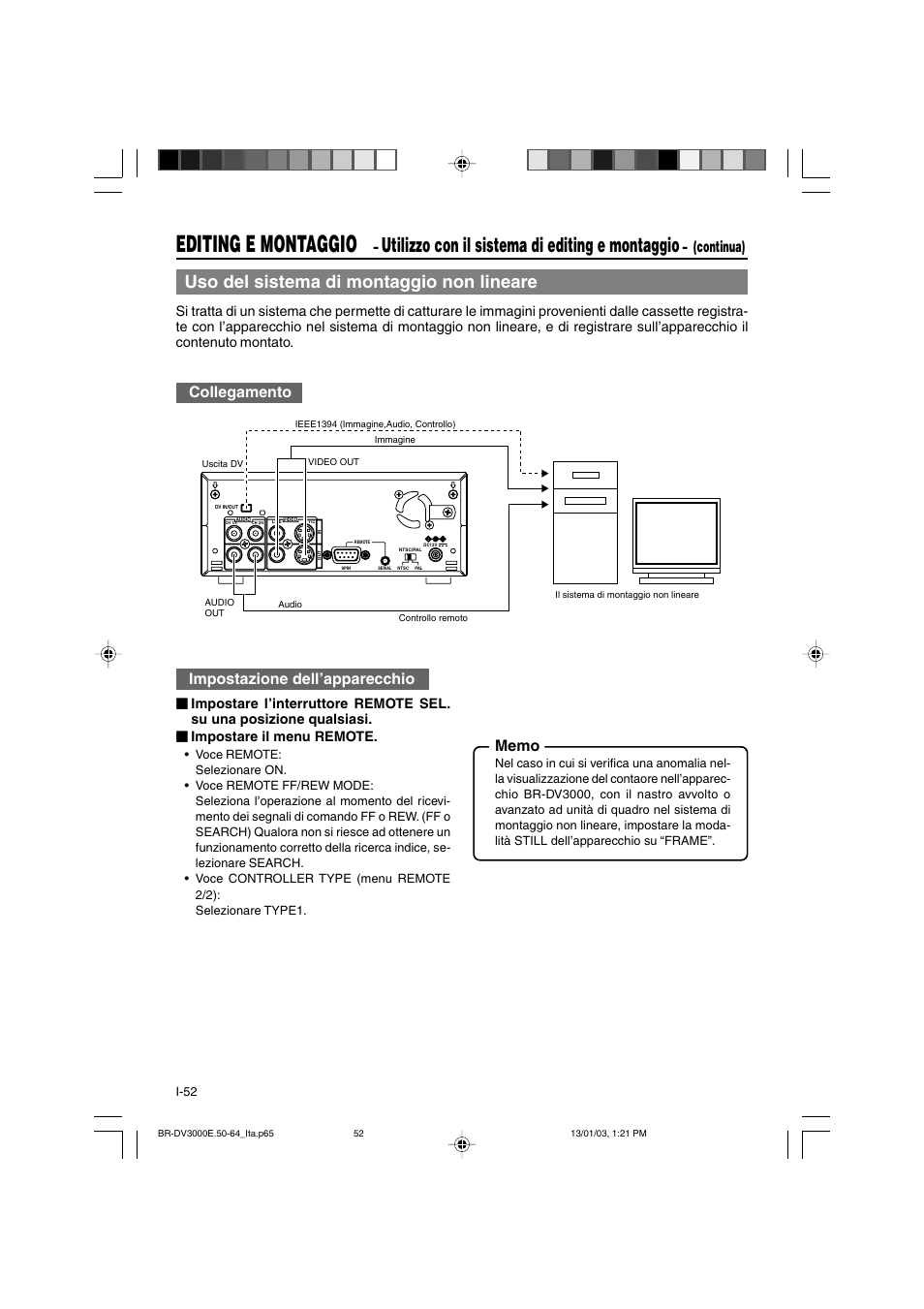 Editing e montaggio, Utilizzo con il sistema di editing e montaggio, Uso del sistema di montaggio non lineare | Continua) collegamento | JVC BR-DV3000E User Manual | Page 332 / 350