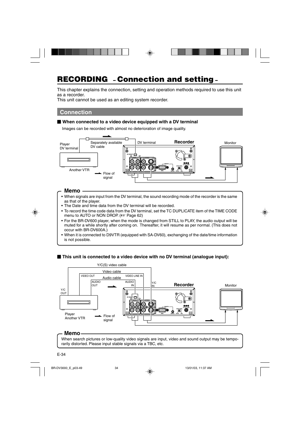 Recording, Connection and setting, Connection | Recorder | JVC BR-DV3000E User Manual | Page 34 / 350