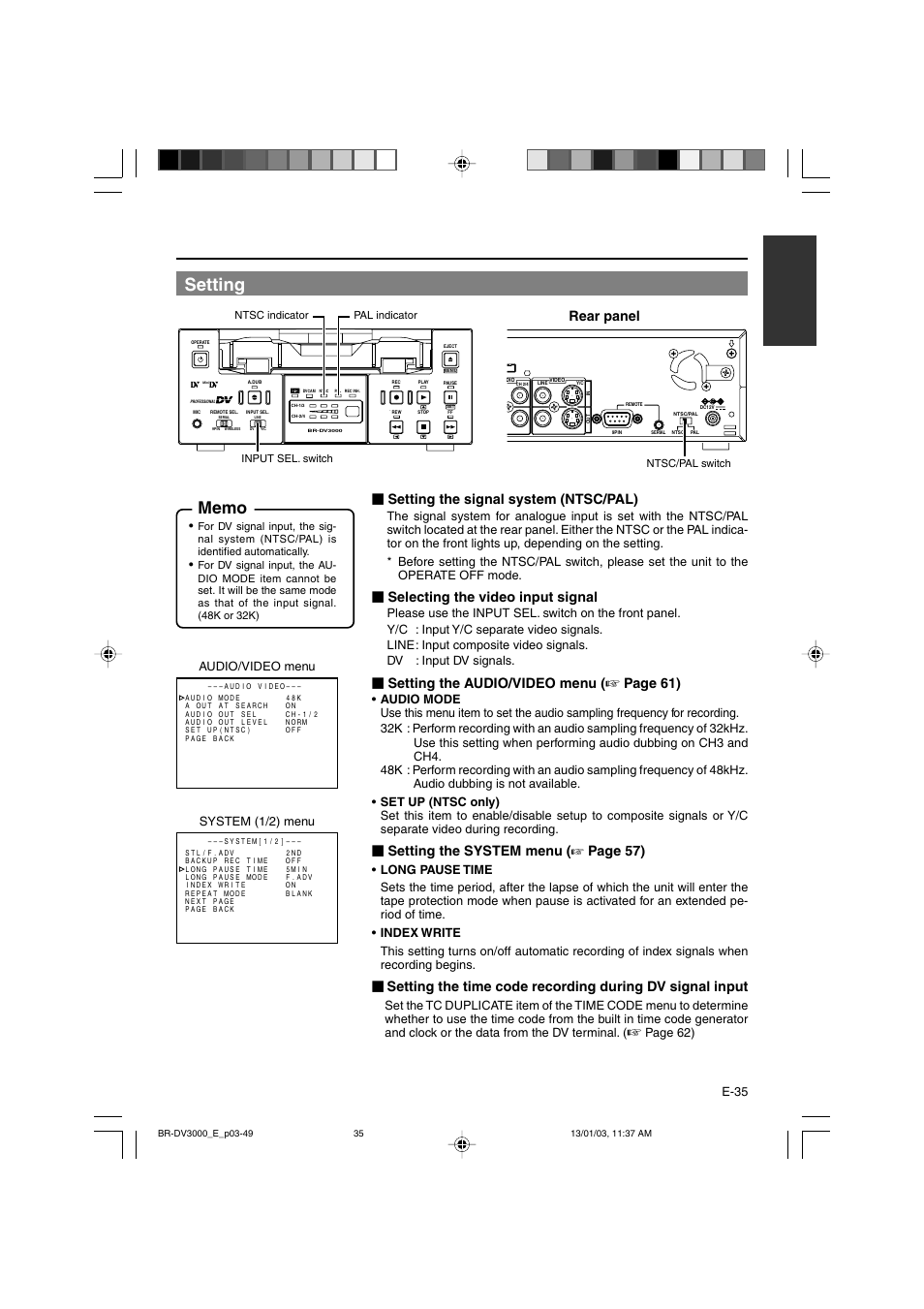 Setting, Rear panel, Setting the signal system (ntsc/pal) | Selecting the video input signal, Setting the audio/video menu, Page 61), Setting the system menu ( ☞ page 57), E-35, Audio/video menu system (1/2) menu, Page 62) | JVC BR-DV3000E User Manual | Page 35 / 350