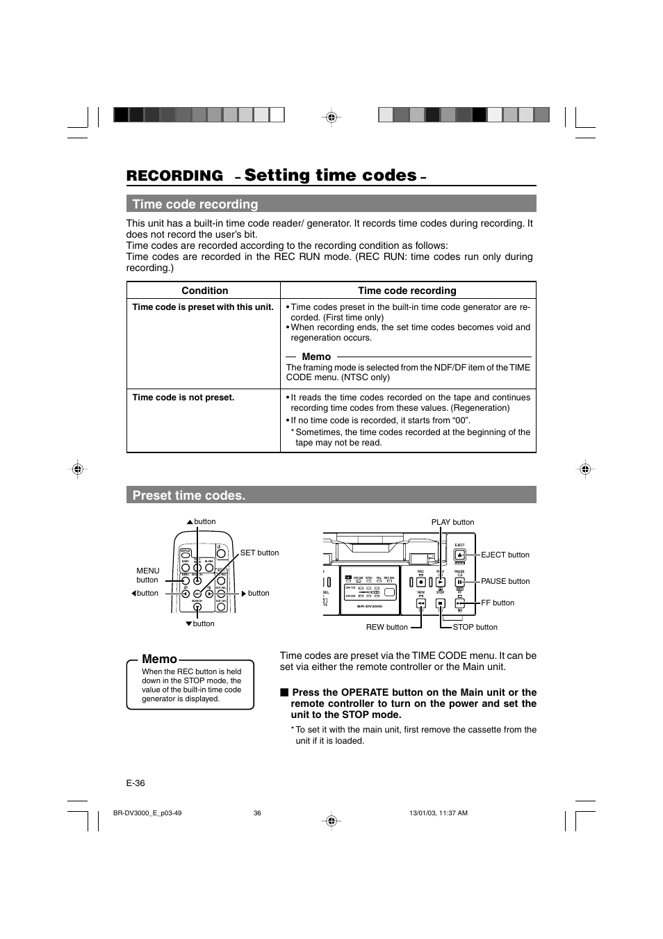 Setting time codes, Recording, Time code recording | Preset time codes, Condition time code recording | JVC BR-DV3000E User Manual | Page 36 / 350