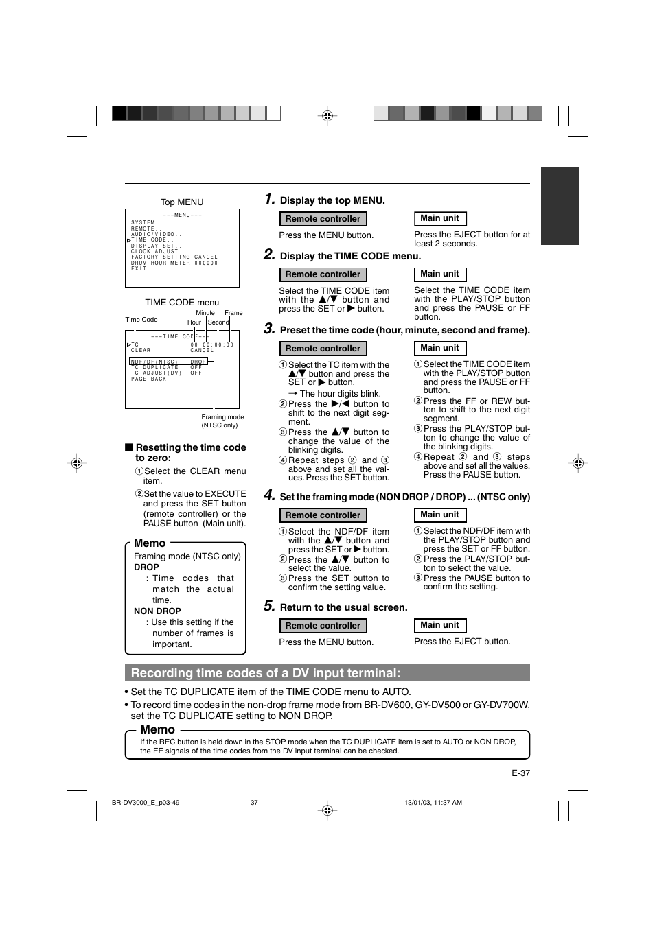 Recording time codes of a dv input terminal | JVC BR-DV3000E User Manual | Page 37 / 350