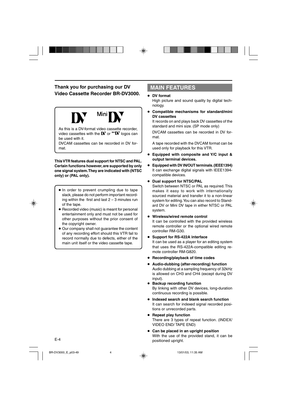 Main features | JVC BR-DV3000E User Manual | Page 4 / 350