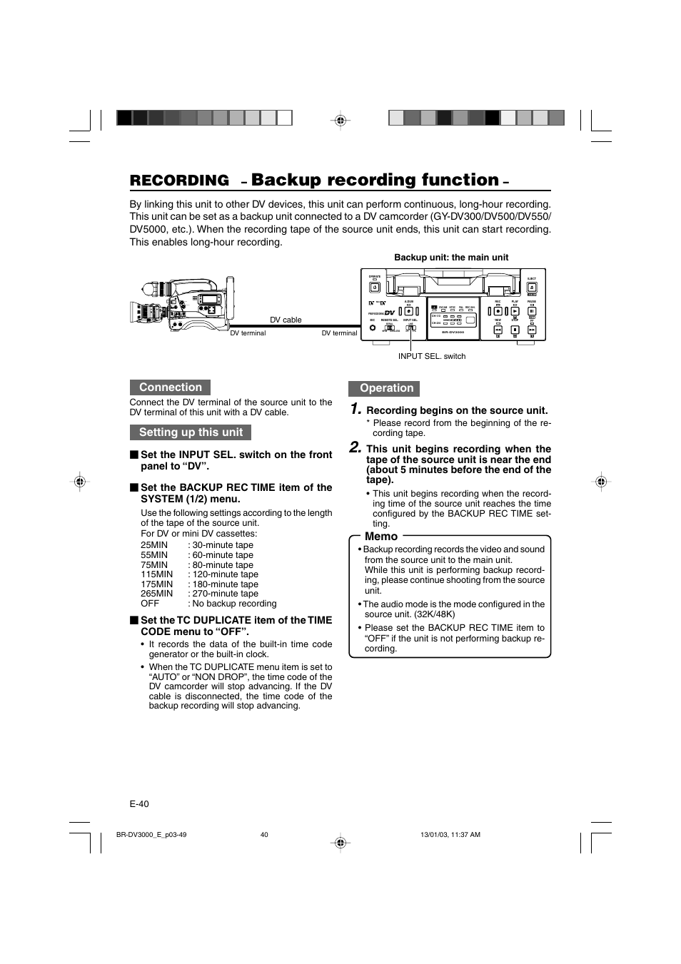 Backup recording function, Recording, Connection | Setting up this unit, Operation | JVC BR-DV3000E User Manual | Page 40 / 350