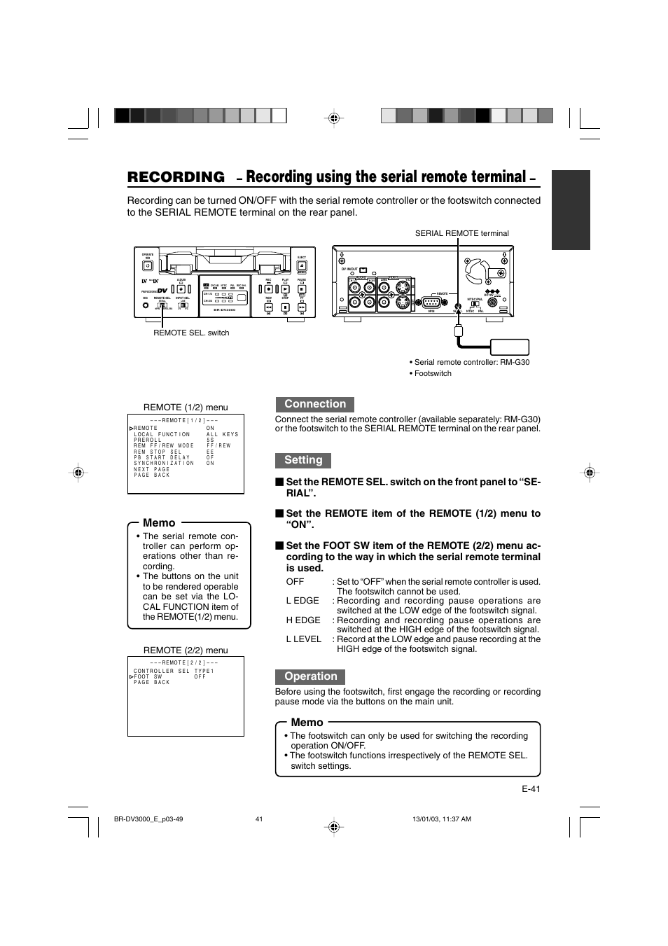Recording using the serial remote terminal, Recording, Connection | Setting, Operation, E-41, Remote (1/2) menu remote (2/2) menu | JVC BR-DV3000E User Manual | Page 41 / 350