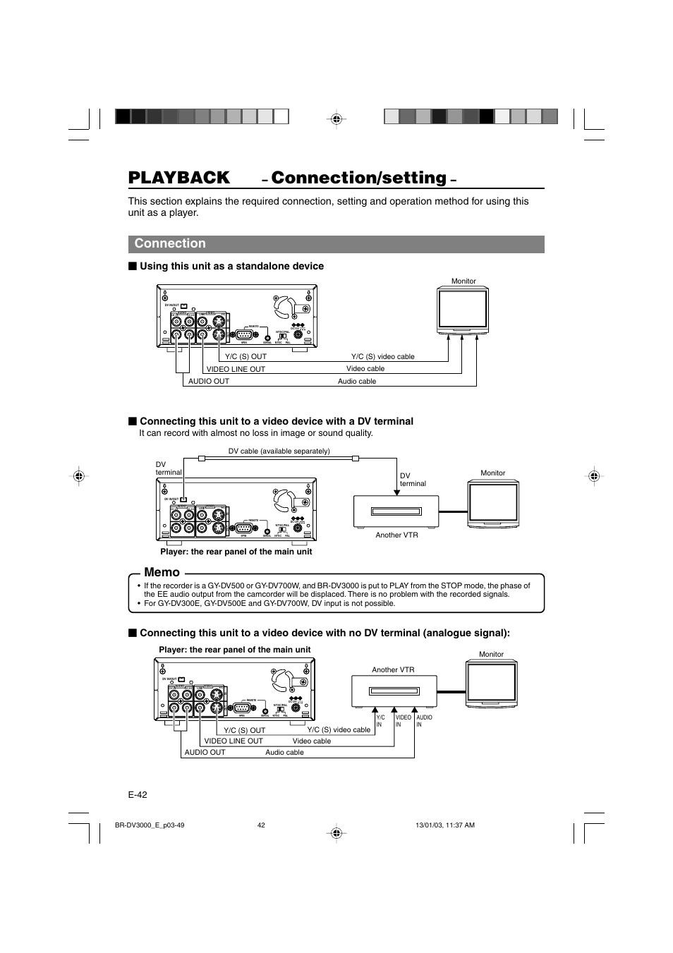 Playback, Connection/setting, Connection | Using this unit as a standalone device, E-42, Player: the rear panel of the main unit | JVC BR-DV3000E User Manual | Page 42 / 350