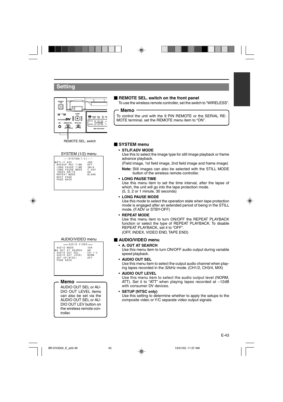 Setting, Remote sel. switch on the front panel, System menu | Audio/video menu | JVC BR-DV3000E User Manual | Page 43 / 350