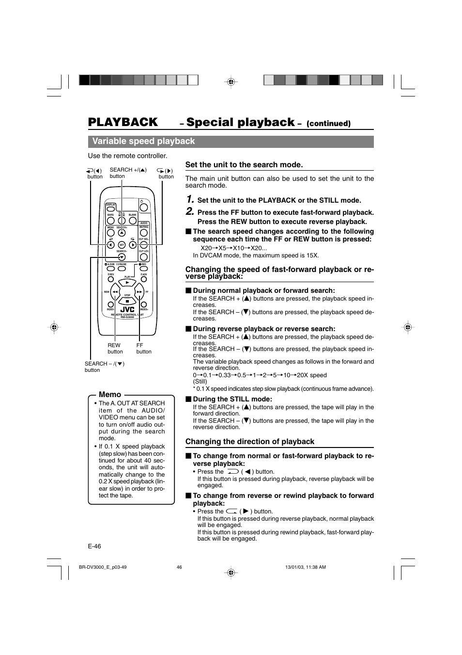 Playback, Special playback, Variable speed playback | Continued), Set the unit to the search mode, Changing the direction of playback | JVC BR-DV3000E User Manual | Page 46 / 350