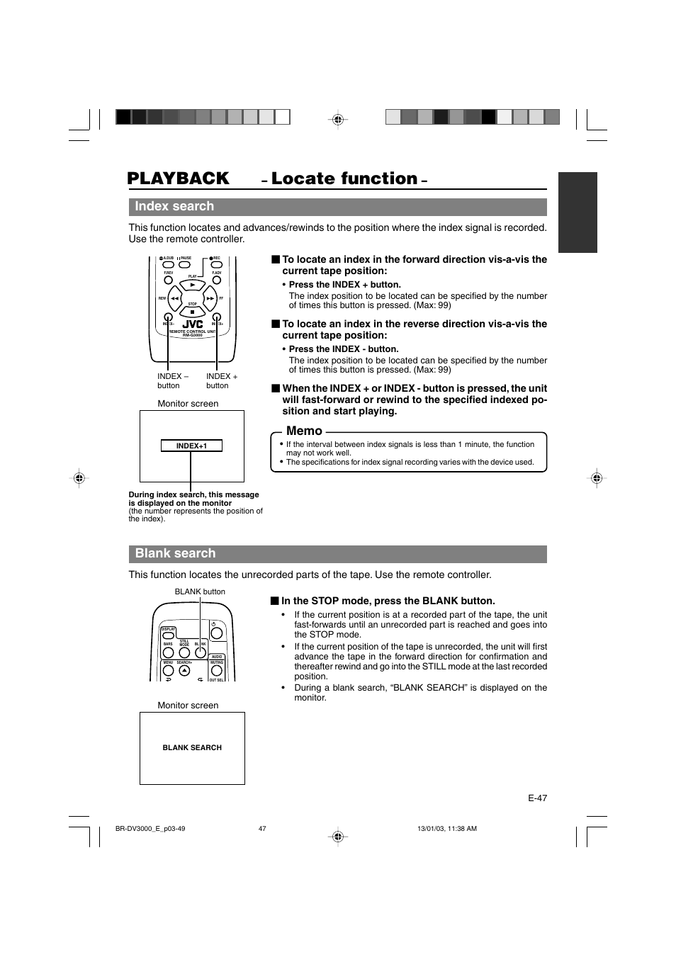 Playback, Locate function, Index search | Blank search | JVC BR-DV3000E User Manual | Page 47 / 350