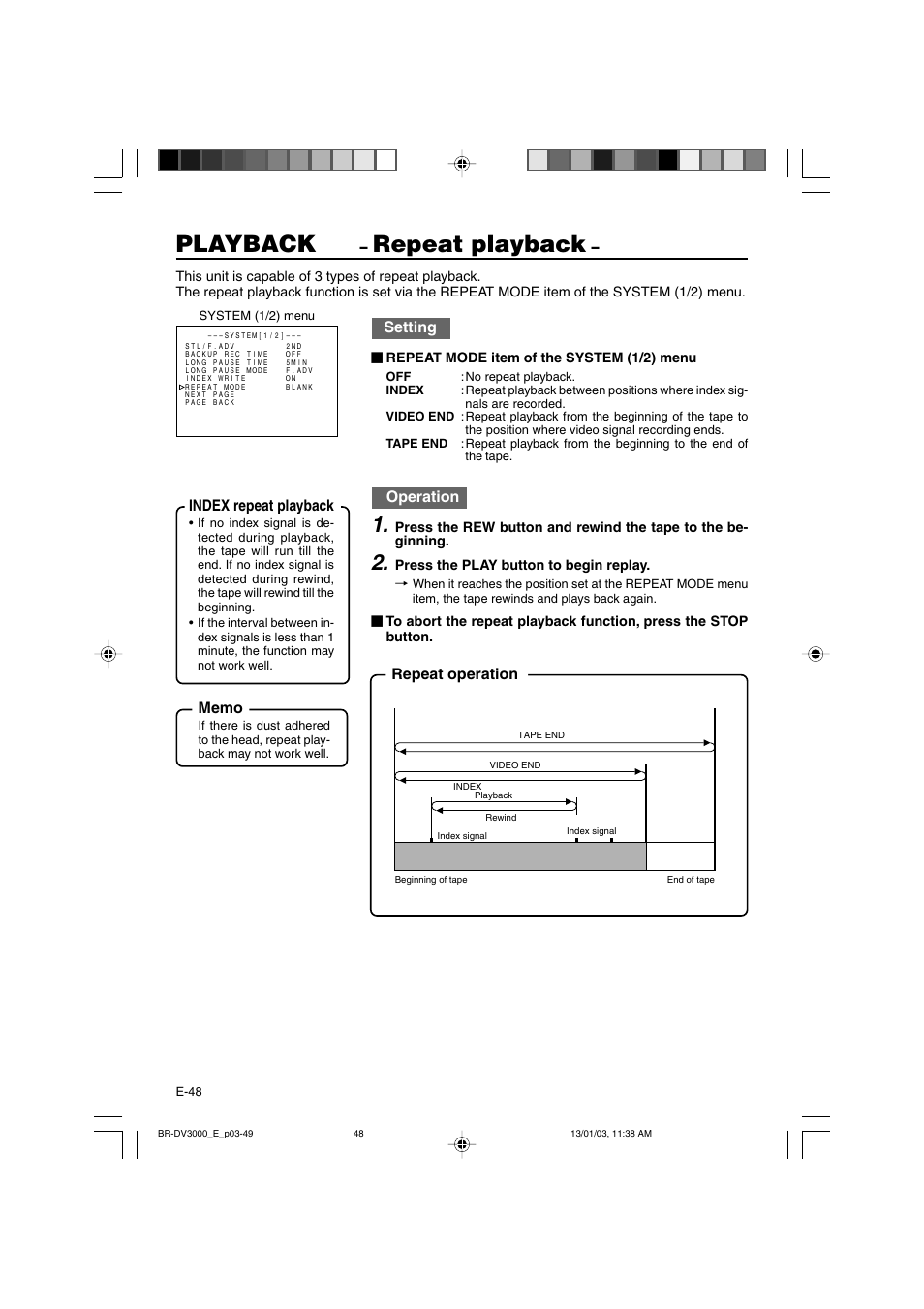 Playback, Repeat playback, Setting | Operation, Repeat operation index repeat playback | JVC BR-DV3000E User Manual | Page 48 / 350