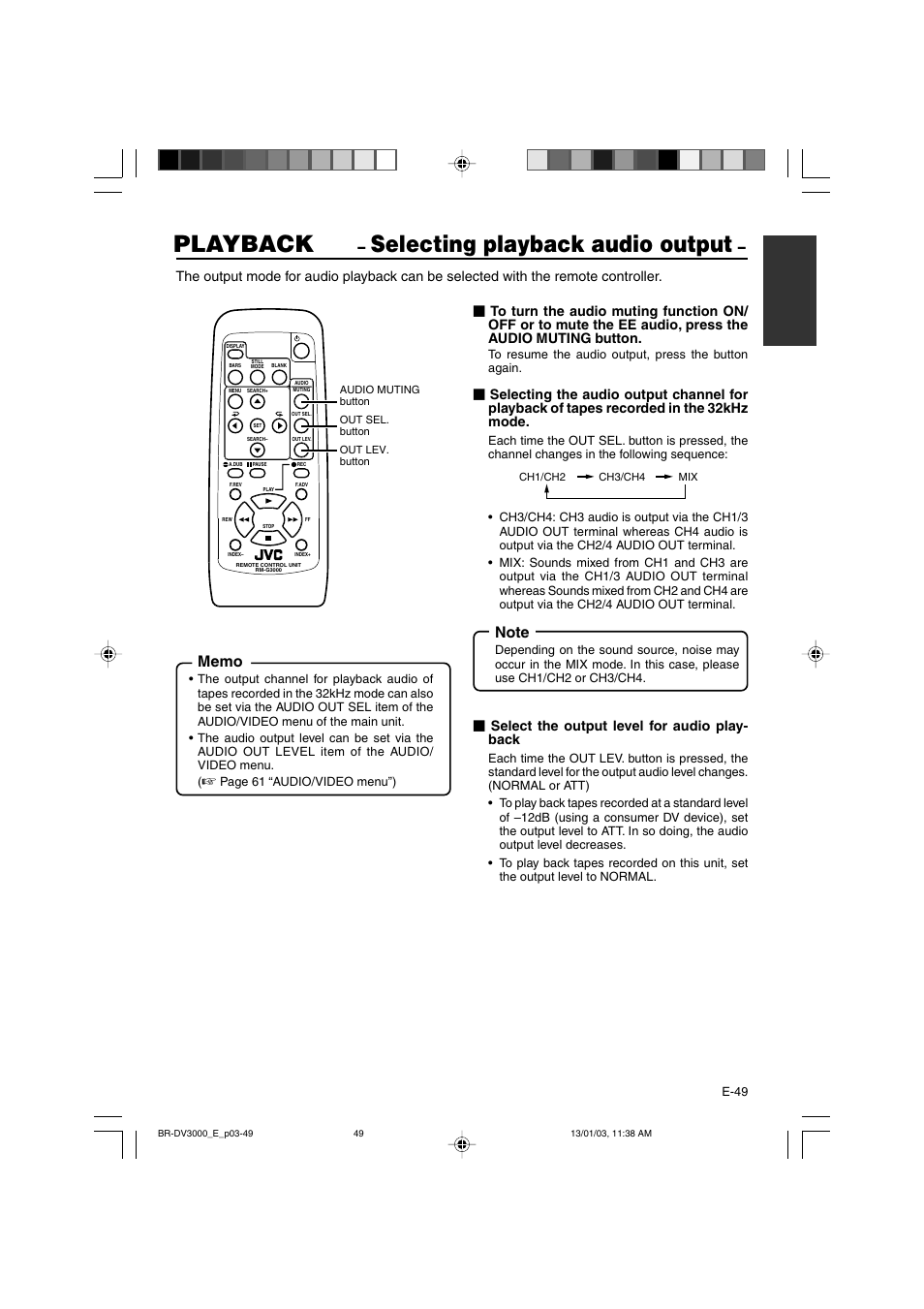 Playback, Selecting playback audio output, Select the output level for audio play- back | JVC BR-DV3000E User Manual | Page 49 / 350