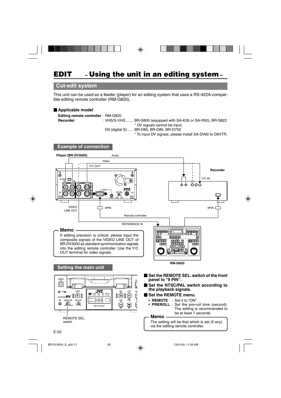 Edit, Using the unit in an editing system, Cut-edit system | Example of connection, Setting the main unit | JVC BR-DV3000E User Manual | Page 50 / 350