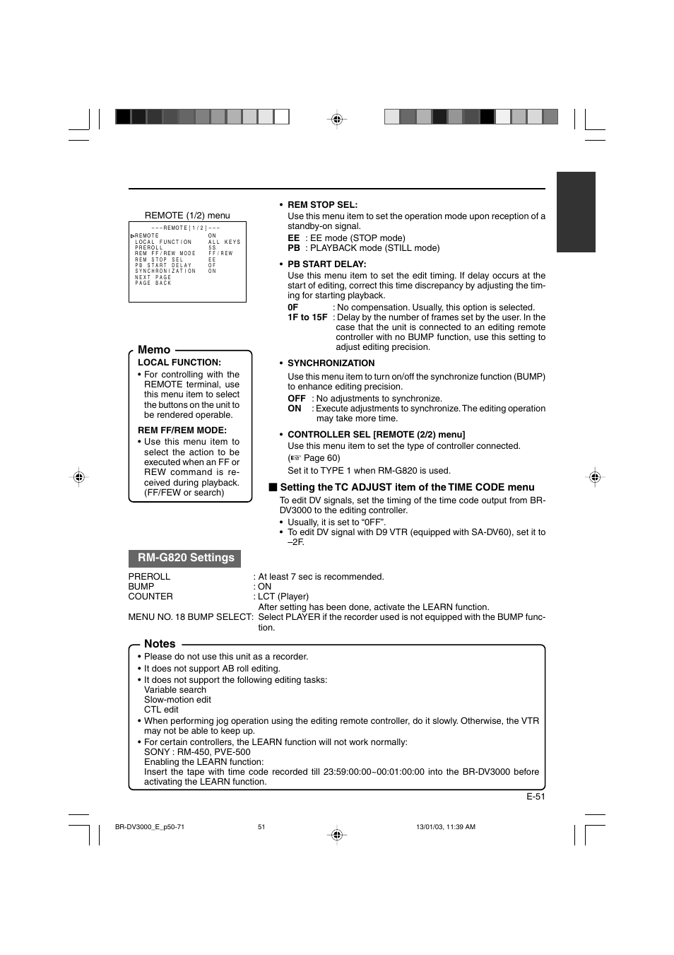 Rm-g820 settings | JVC BR-DV3000E User Manual | Page 51 / 350
