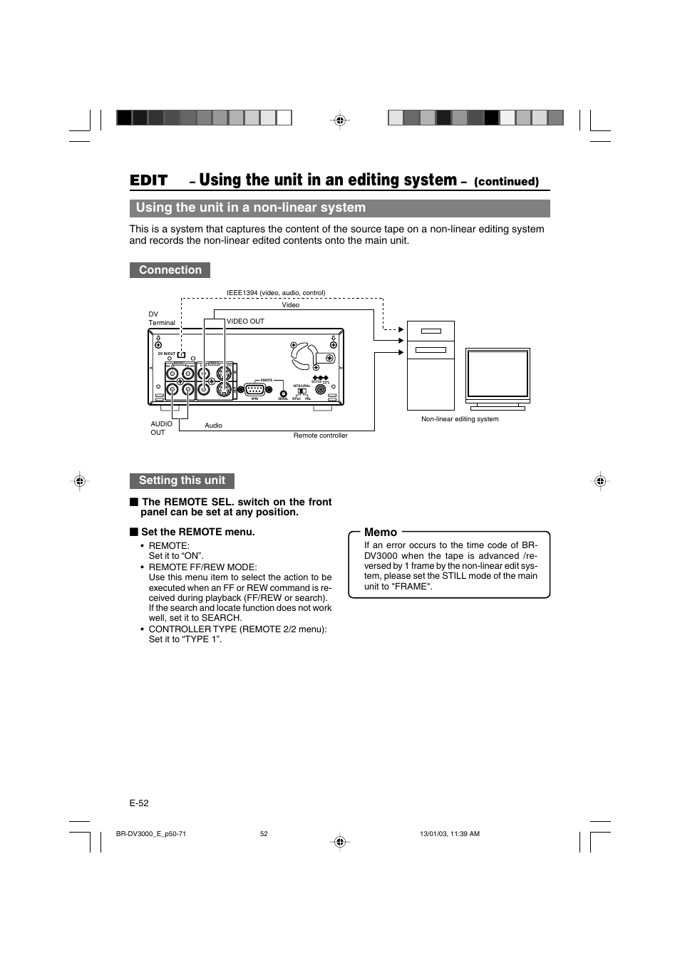 Using the unit in an editing system, Edit, Using the unit in a non-linear system | Continued) connection, Setting this unit | JVC BR-DV3000E User Manual | Page 52 / 350