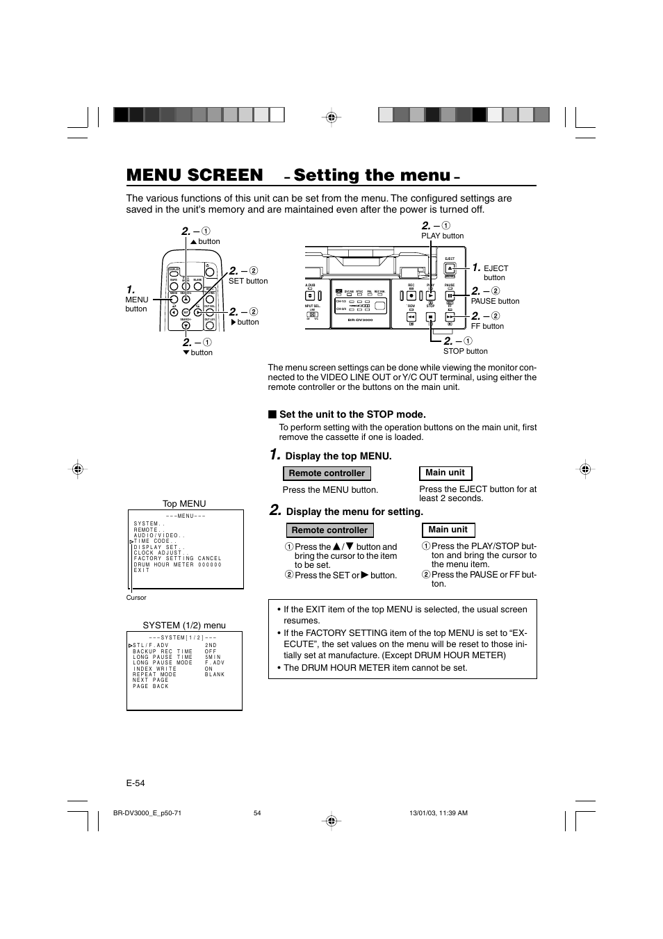 Menu screen, Setting the menu, Set the unit to the stop mode | Display the top menu, Display the menu for setting | JVC BR-DV3000E User Manual | Page 54 / 350