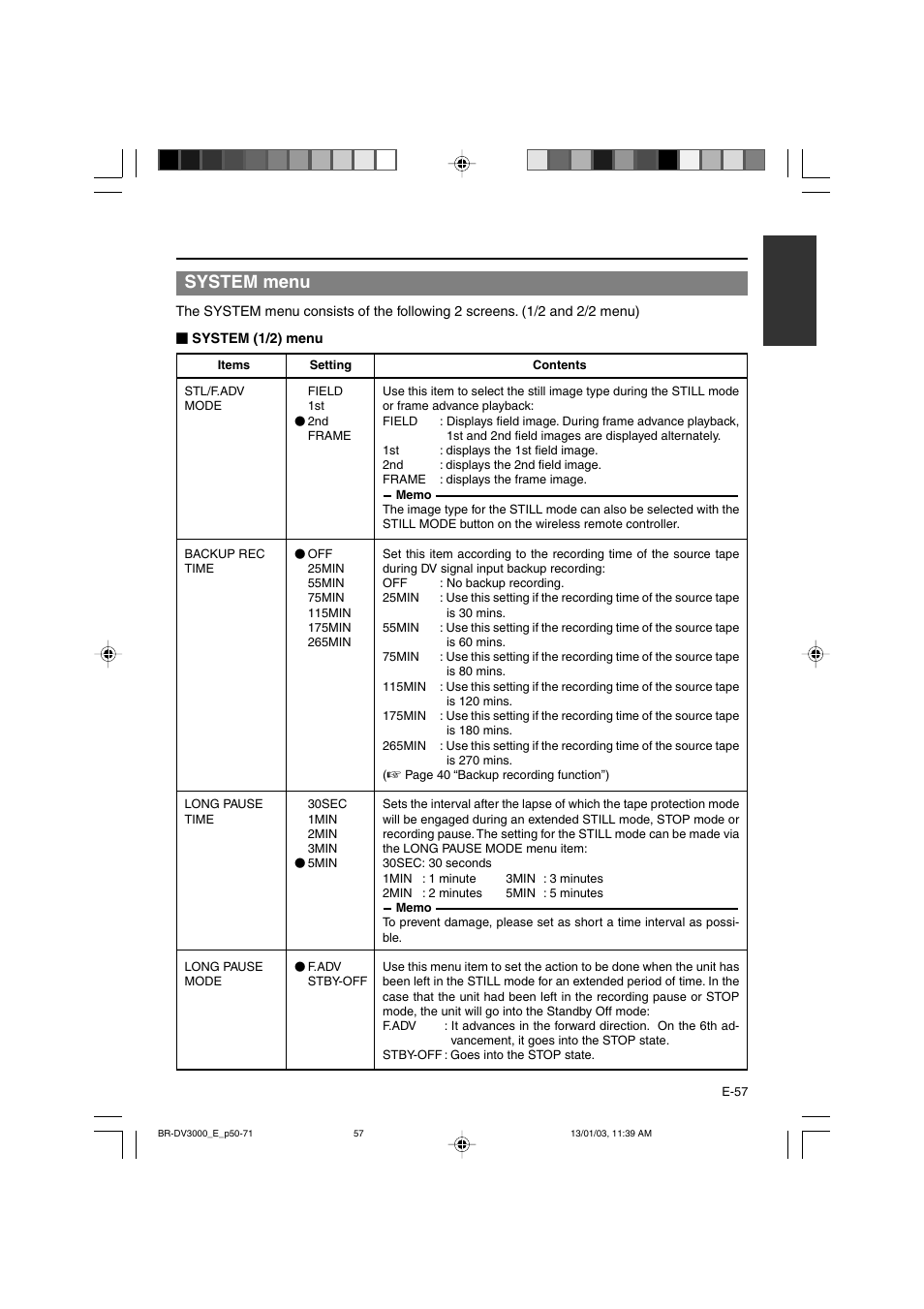 System menu | JVC BR-DV3000E User Manual | Page 57 / 350