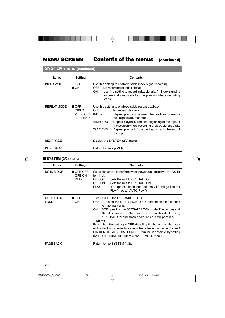 Contents of the menus, Menu screen, System menu | Continued) | JVC BR-DV3000E User Manual | Page 58 / 350