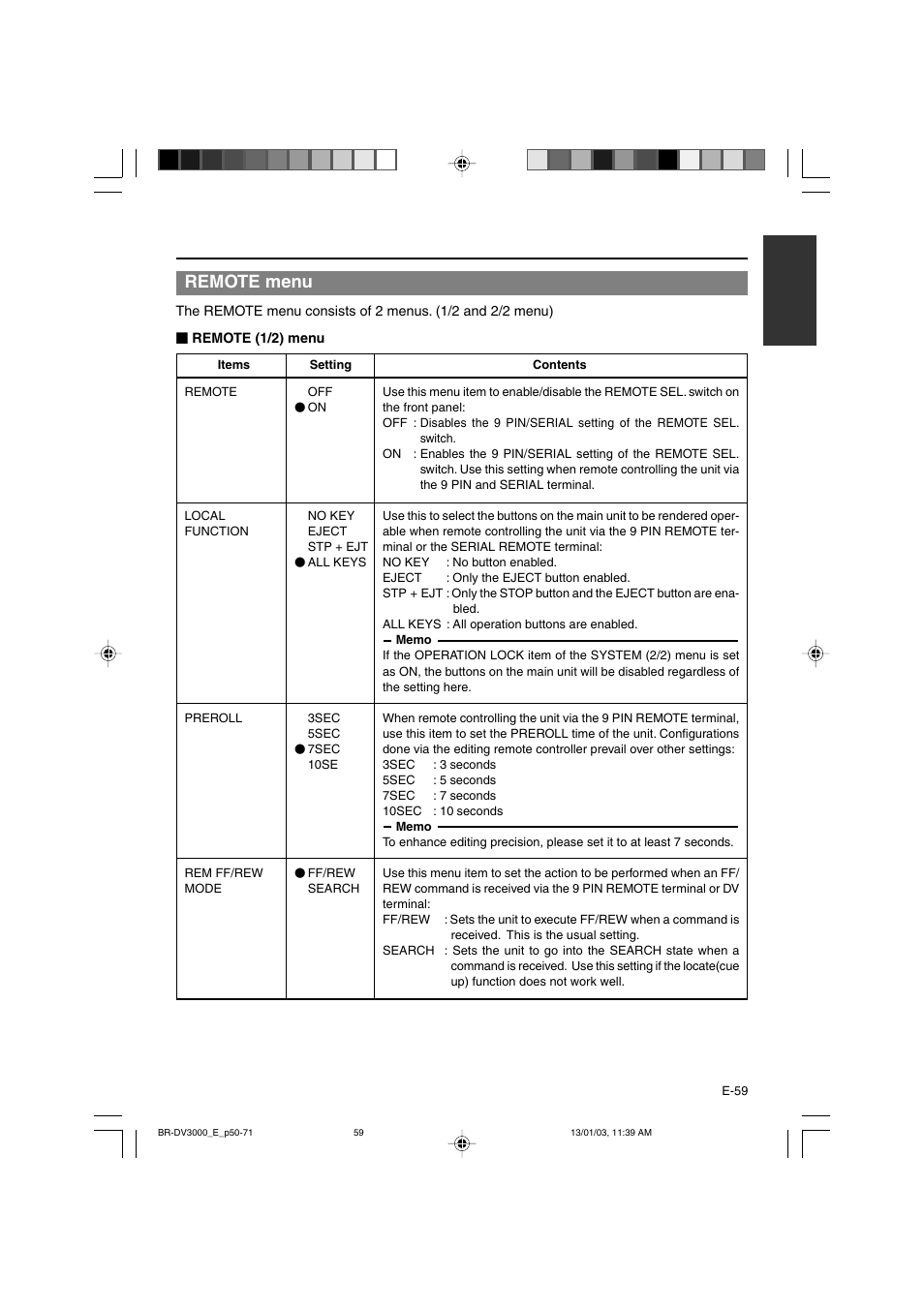 Remote menu | JVC BR-DV3000E User Manual | Page 59 / 350