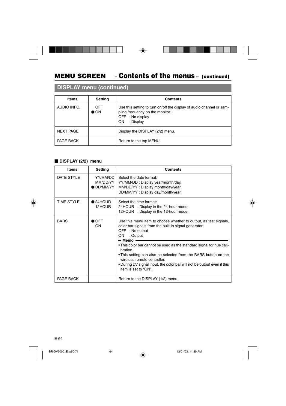 Contents of the menus, Menu screen, Display menu (continued) | JVC BR-DV3000E User Manual | Page 64 / 350