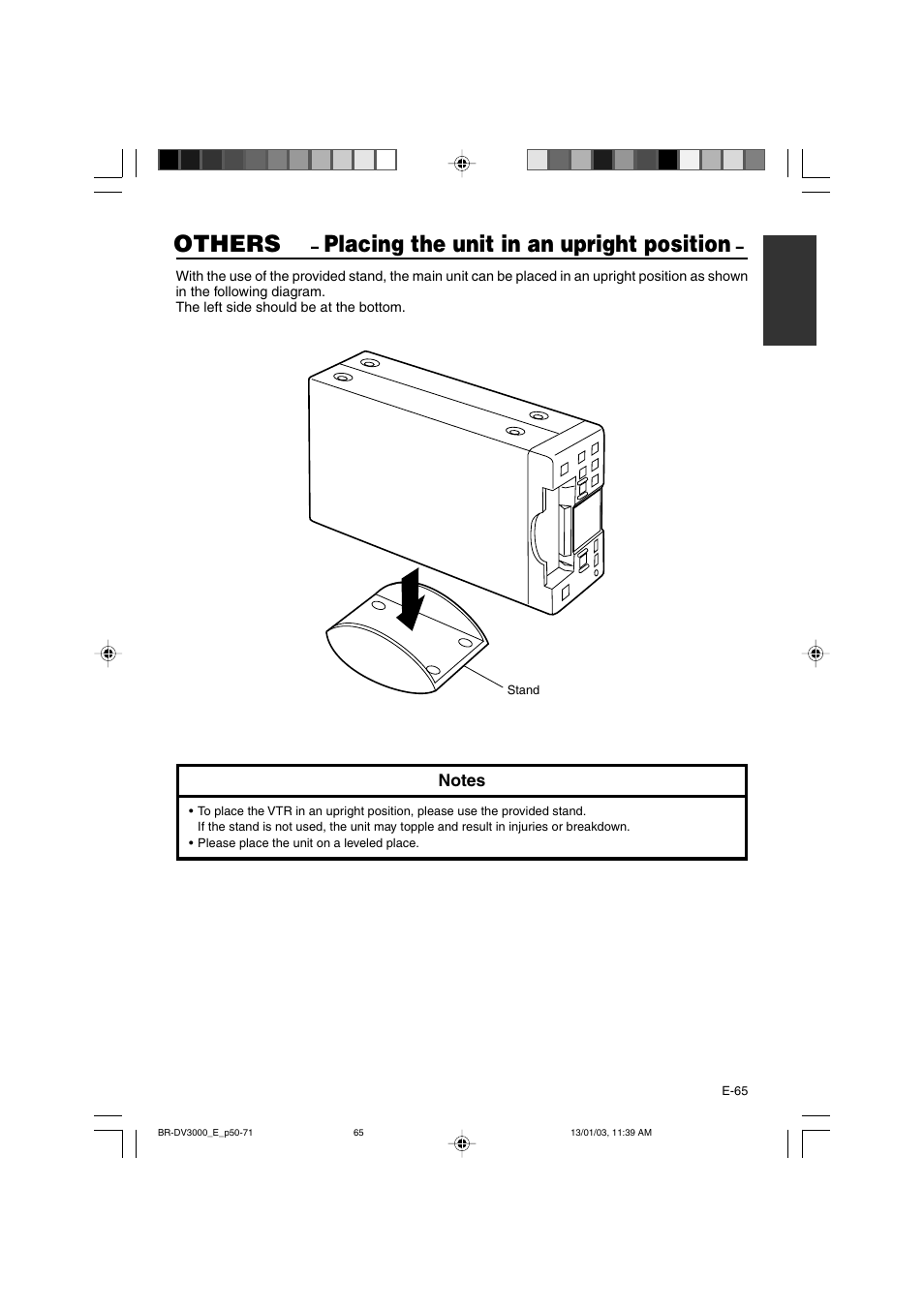 Others, Placing the unit in an upright position | JVC BR-DV3000E User Manual | Page 65 / 350