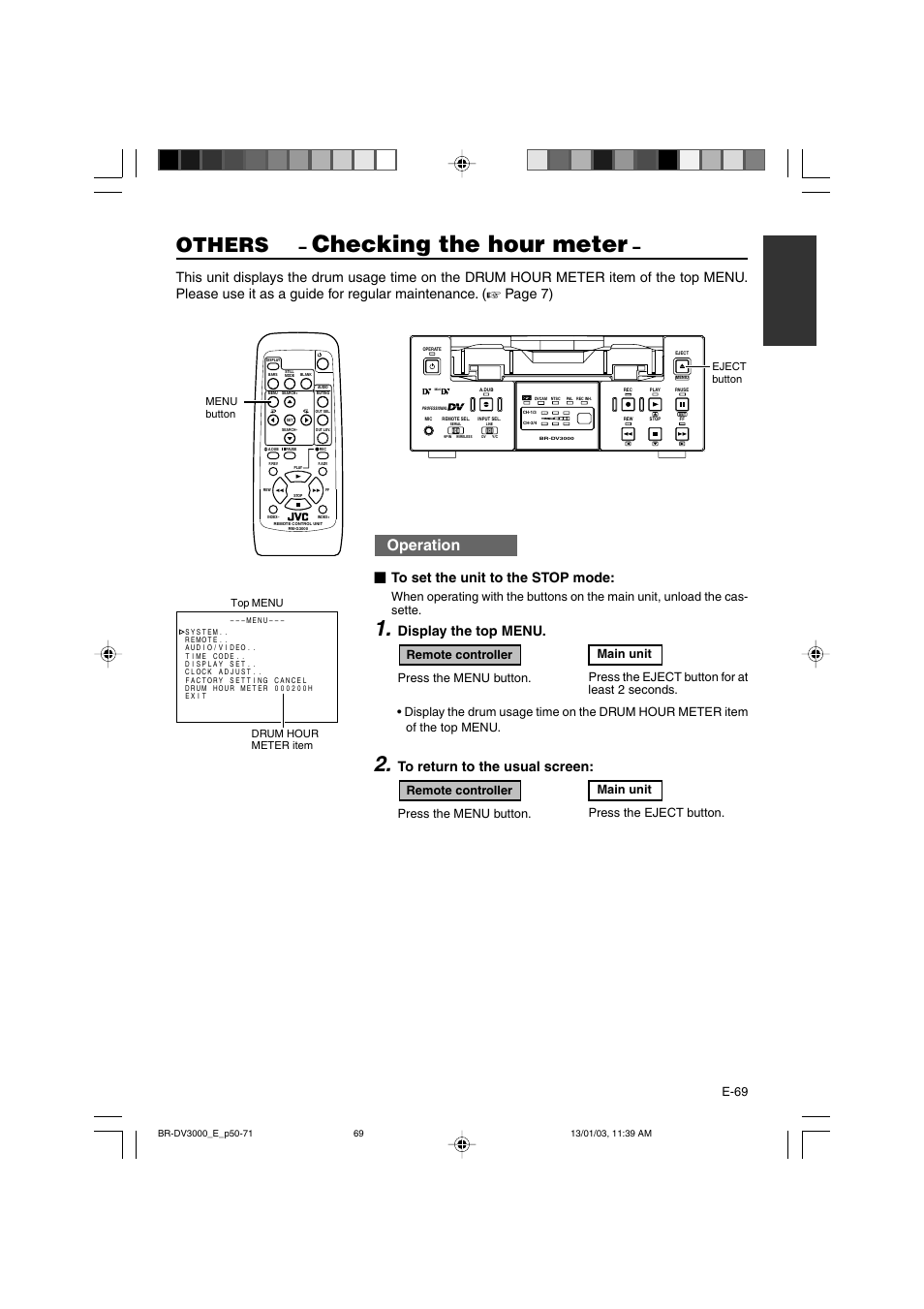 Checking the hour meter, Others, Operation | Page 7), Display the top menu, E-69 | JVC BR-DV3000E User Manual | Page 69 / 350