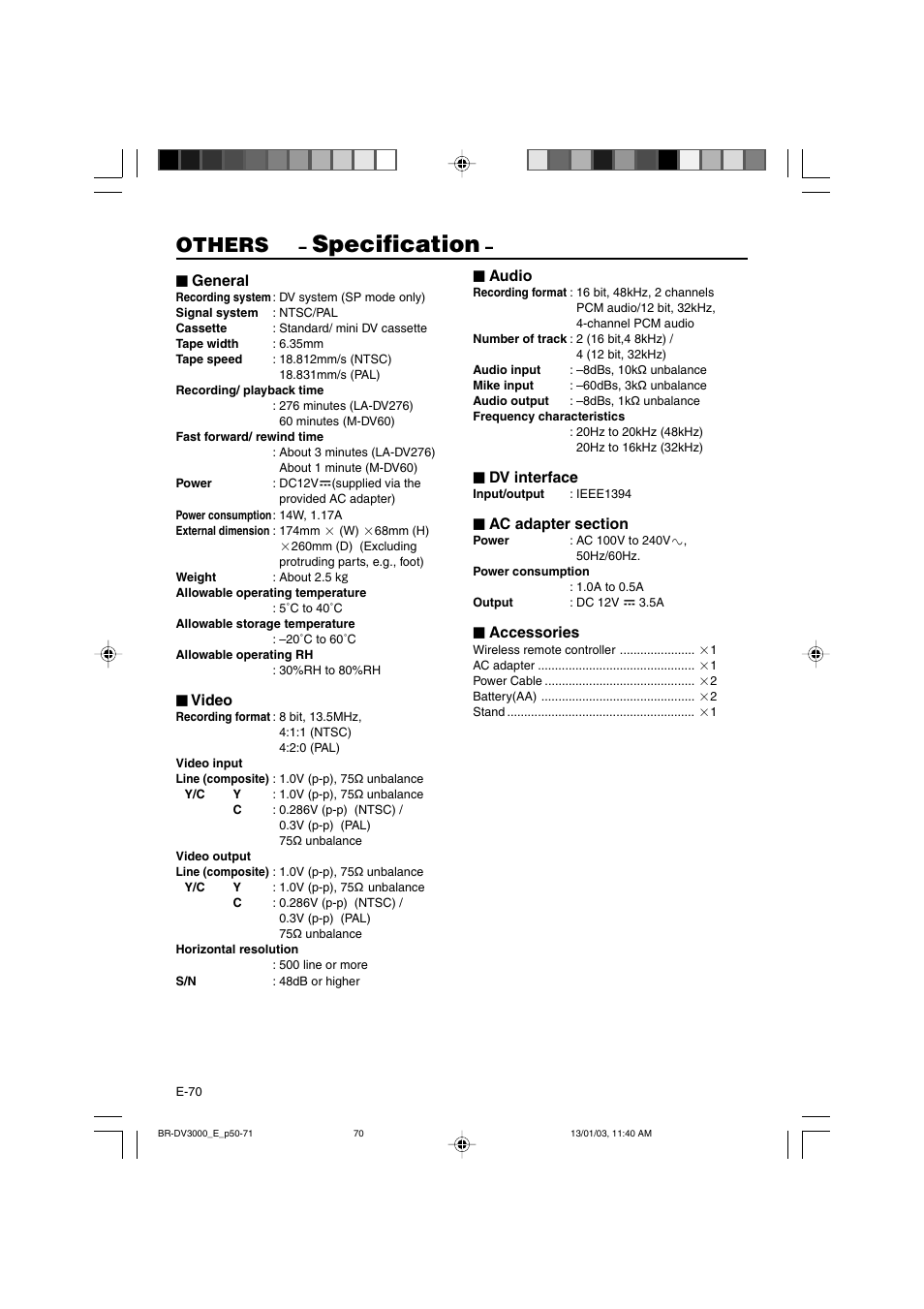 Specification, Others | JVC BR-DV3000E User Manual | Page 70 / 350
